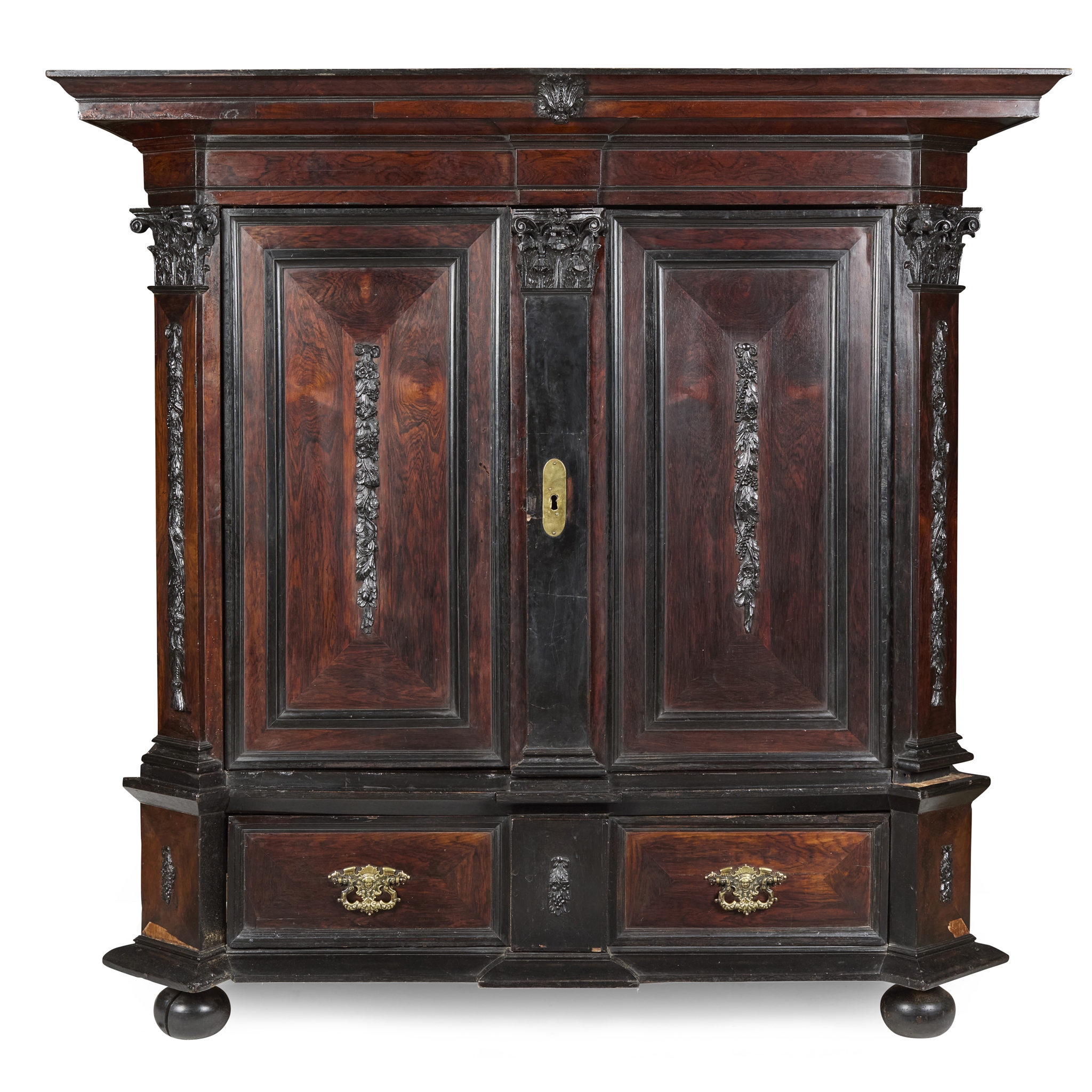 DUTCH OR FLEMISH ROSEWOOD, OAK AND EBONISED CABINET / KAST