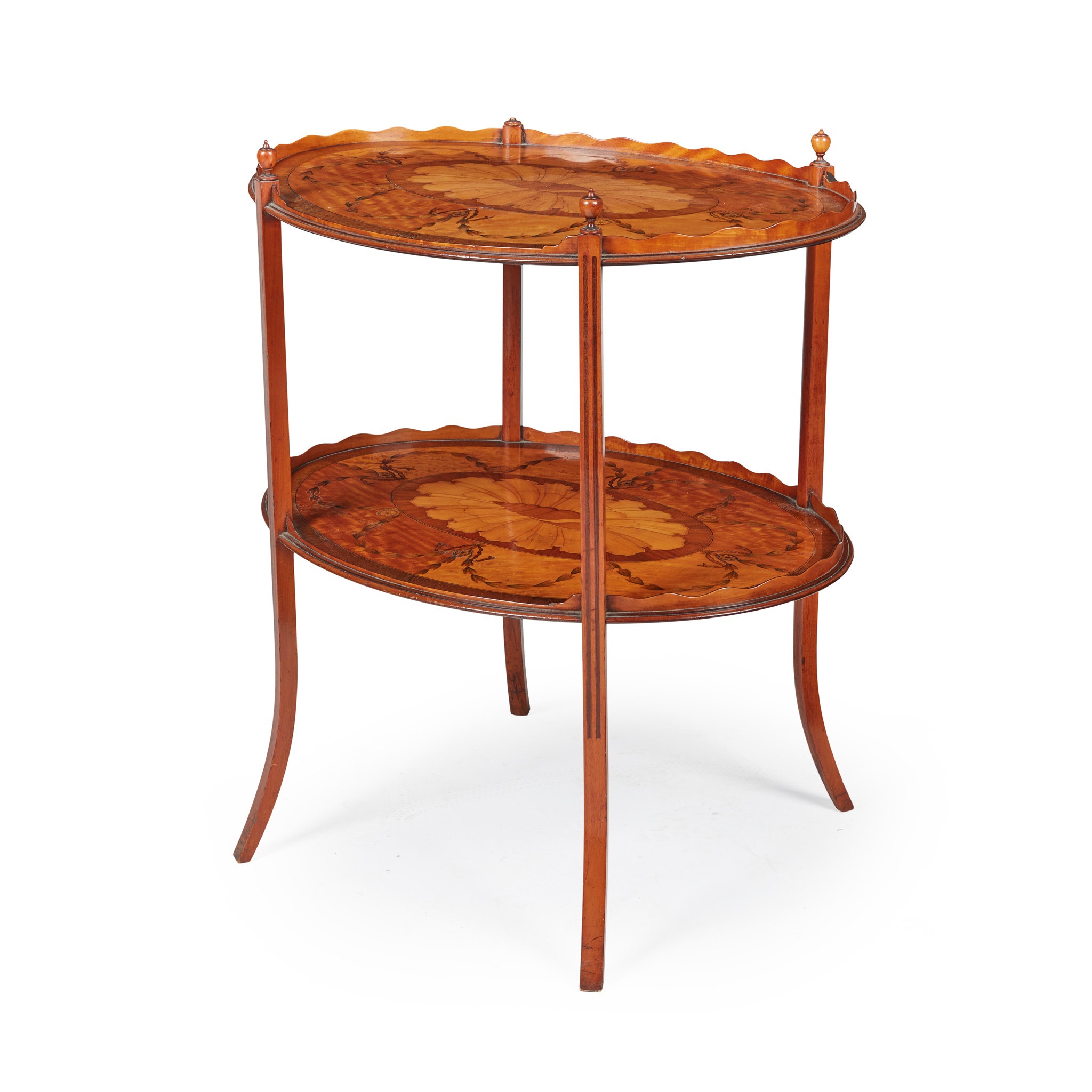 SHERATON REVIVAL SATINWOOD, ROSEWOOD, AND MARQUETRY ETAGERE