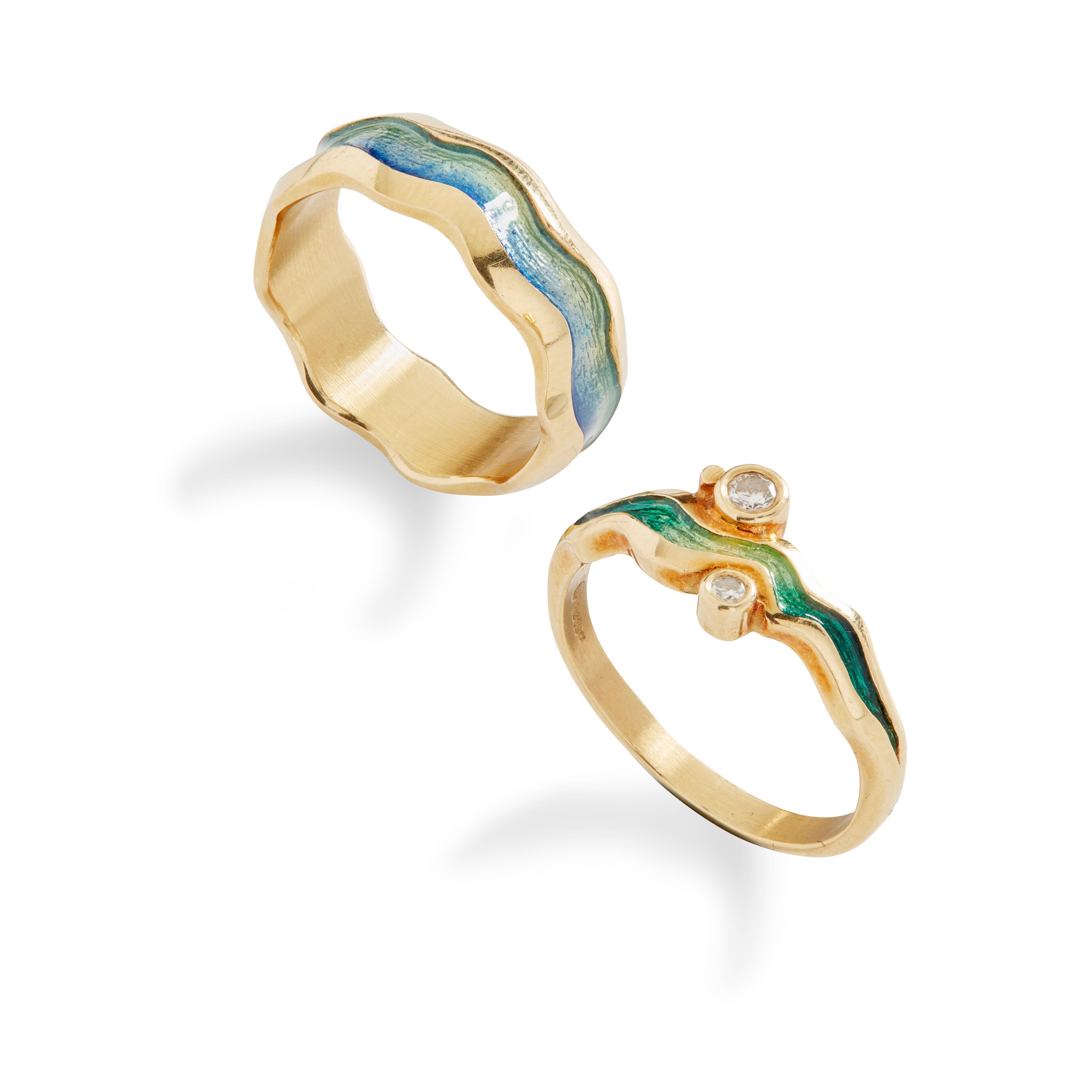 Two enamel and diamond rings, by Sheila Fleet