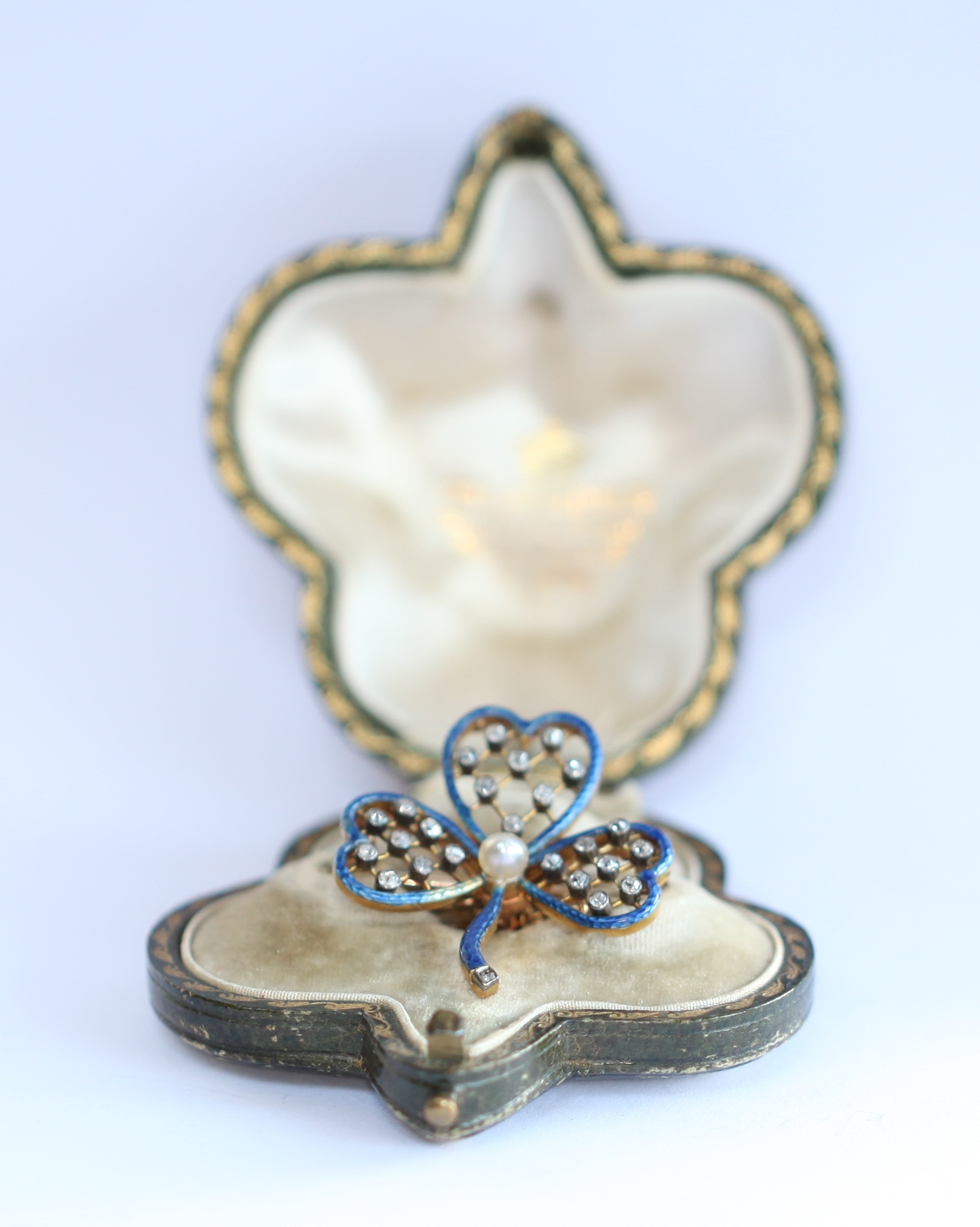 An Edwardian multi-gem set and enamelled shamrock form brooch