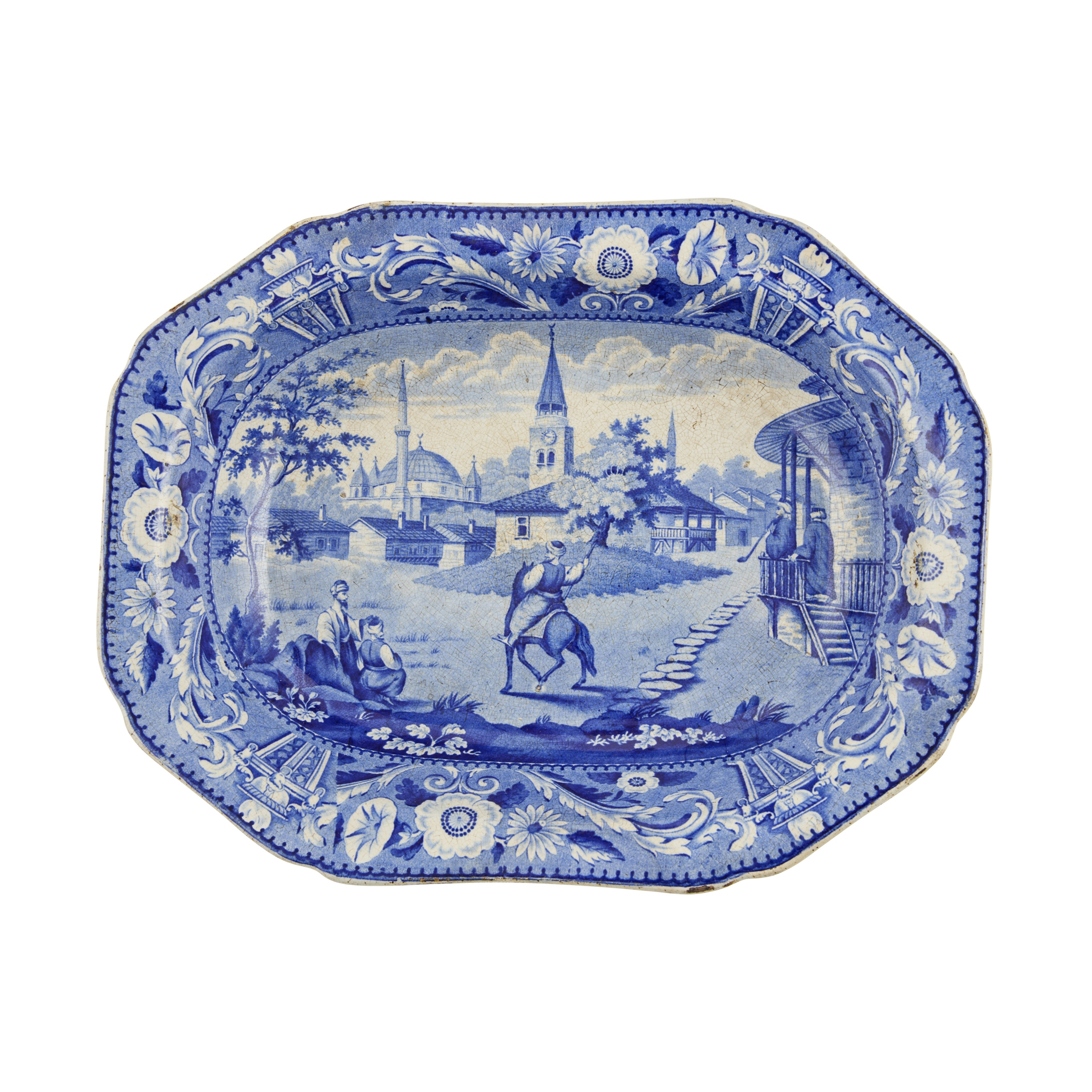 RARE BLUE AND WHITE TRANSFER PRINTED DISH PRINTED WITH A SCENE ENTITLED 'KASKERAT', FROM 'THE OTTOMAN EMPIRE SERIES'