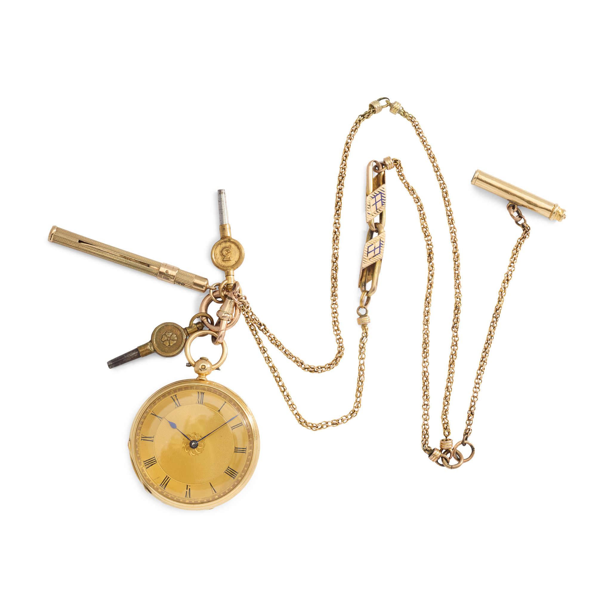 George Moore, London. An 18k gold open face pocket watch with chain