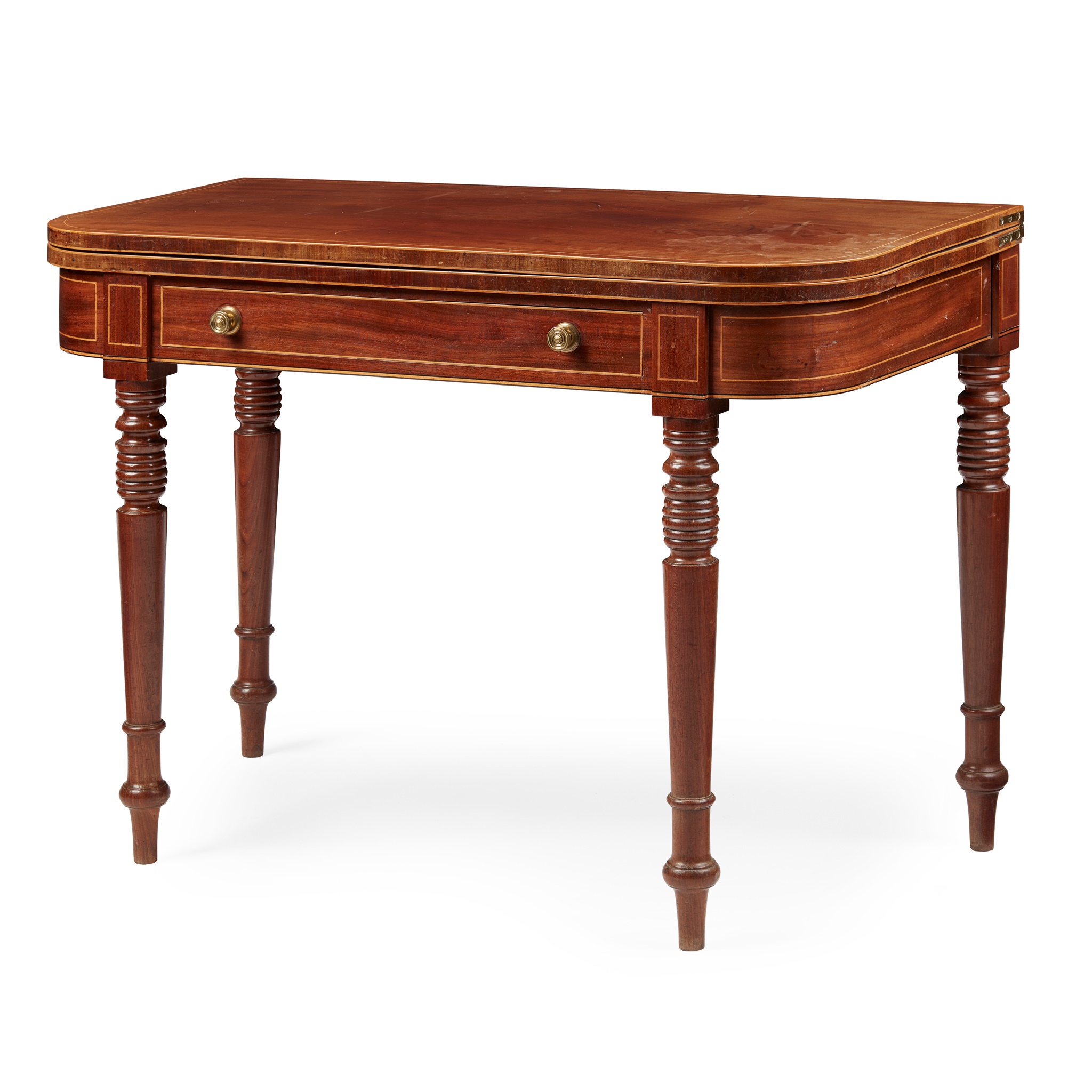 REGENCY MAHOGANY AND SATINWOOD STRUNG TEA TABLE
