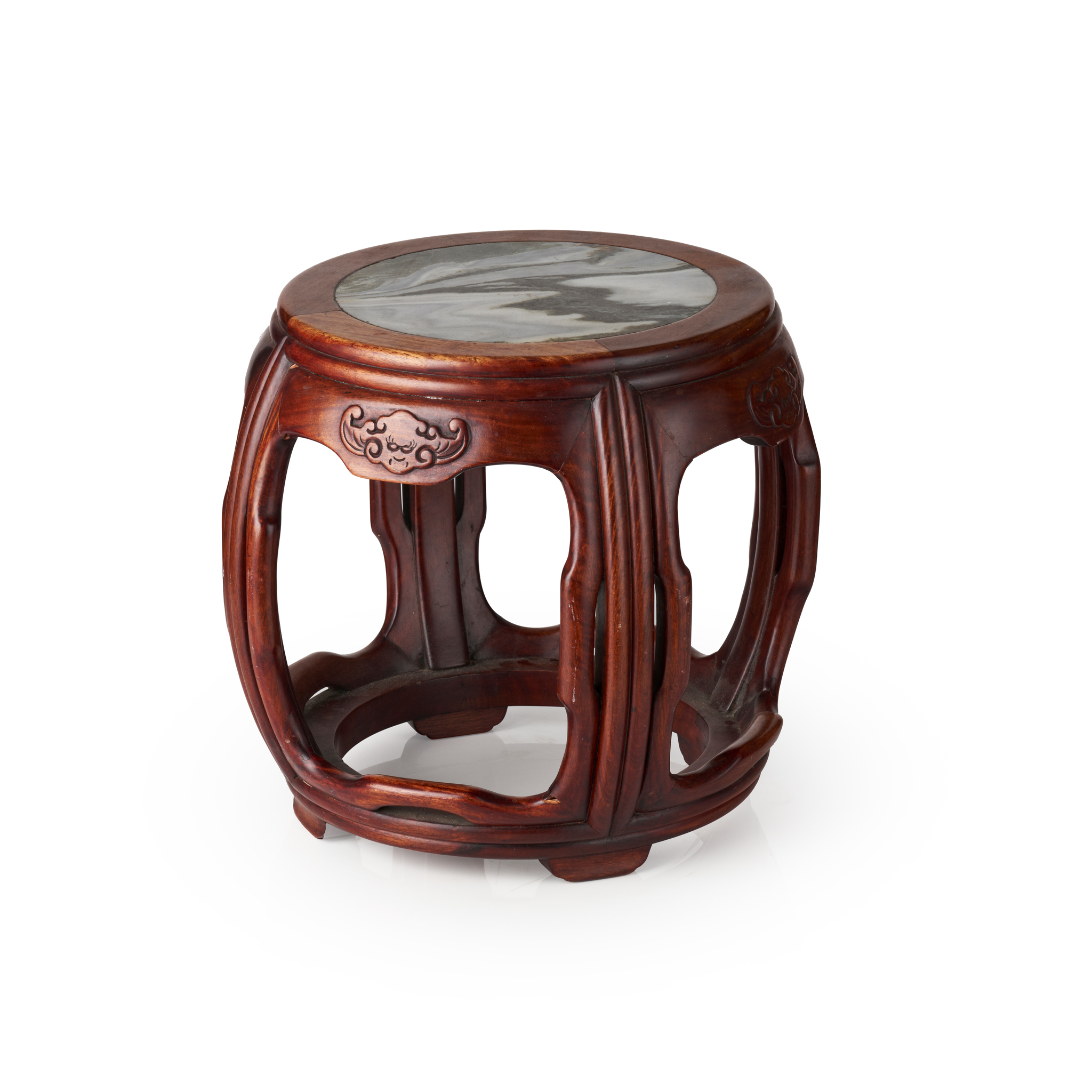 SMALL MARBLE-INLAID DRUM-SHAPED HARDWOOD STOOL
