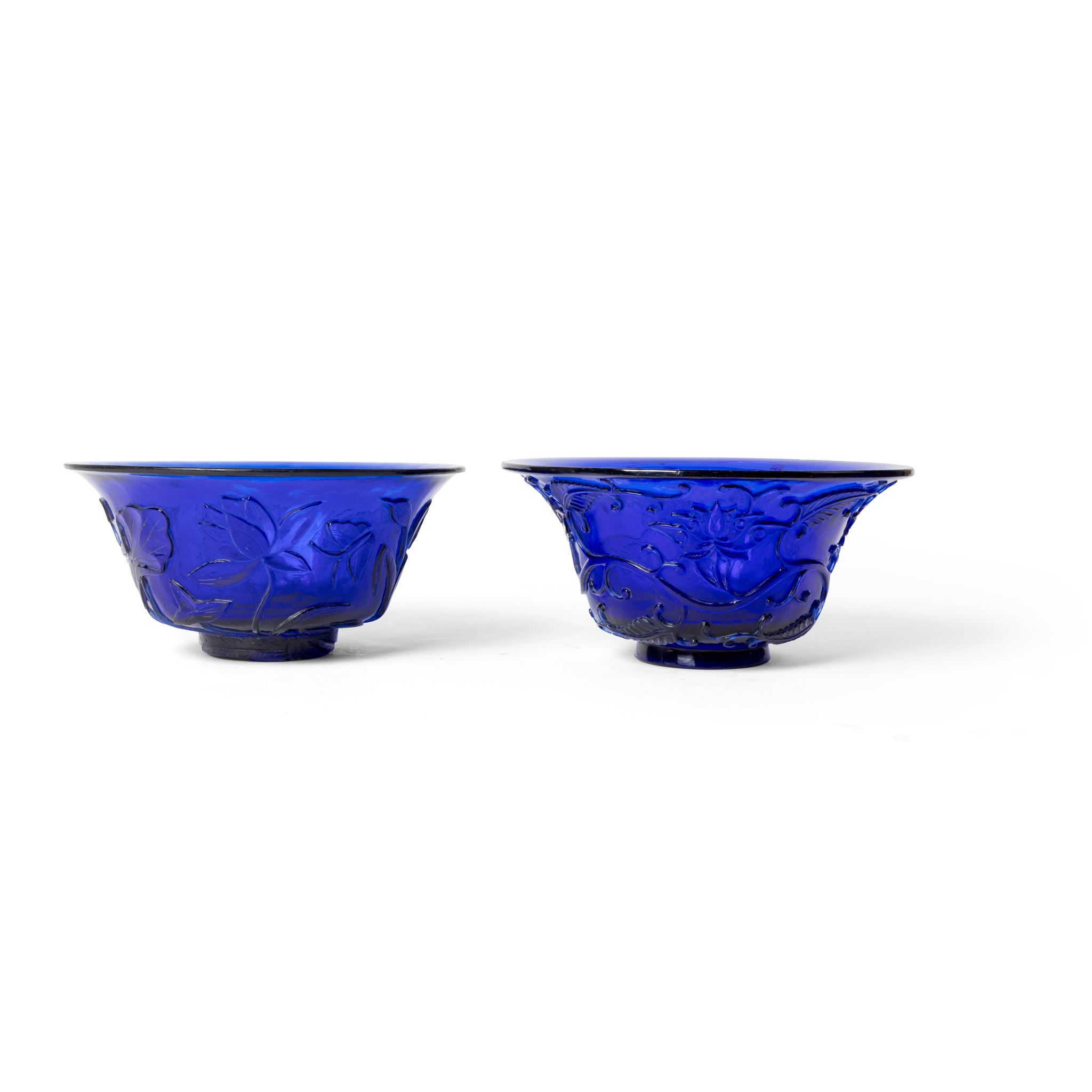 RTO- TWO CHINESE CARVED BLUE GLASS BOWLS