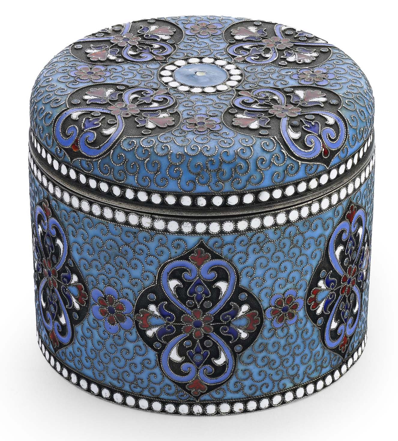 A Russian silver-gilt and enamel circular box and cover