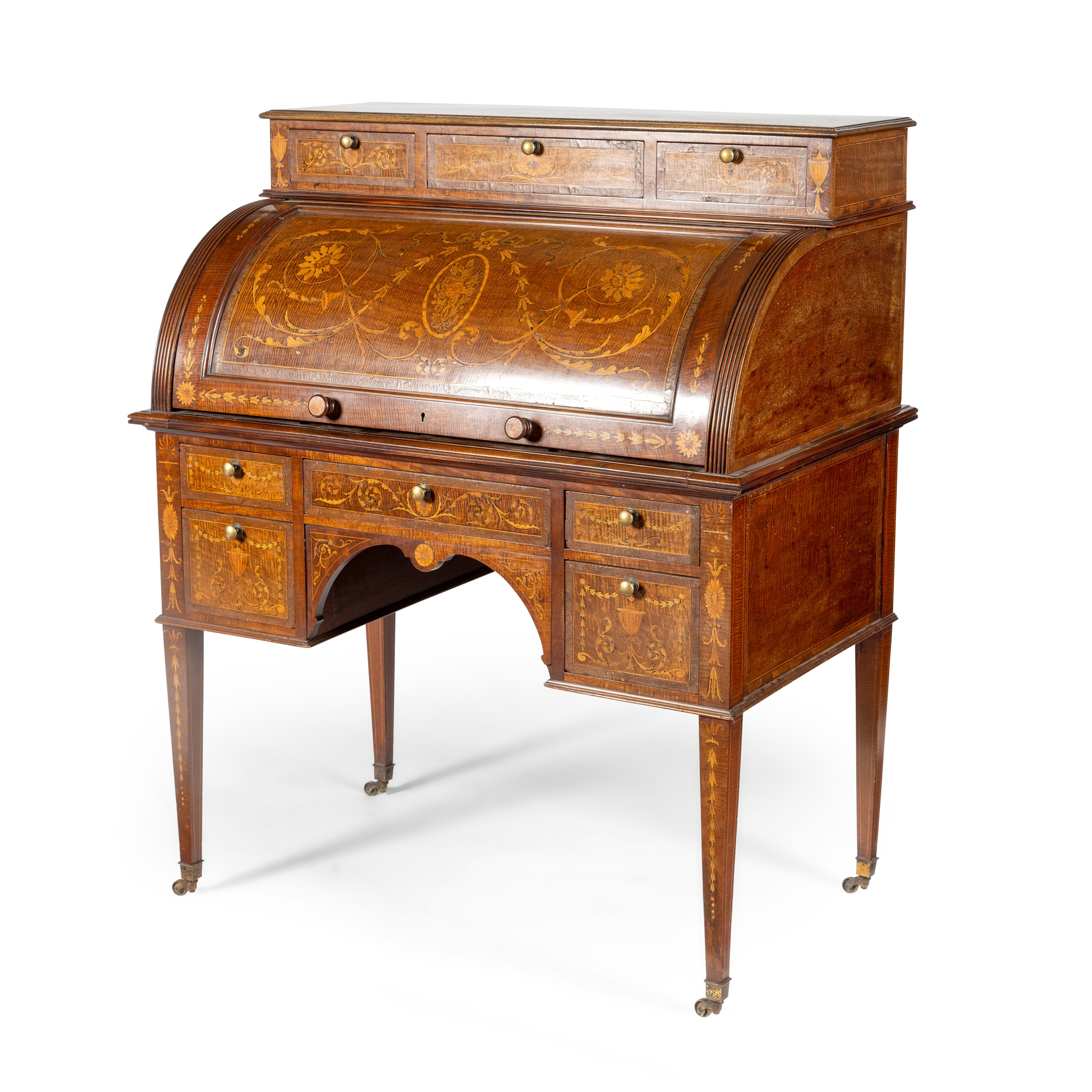 AN EDWARDIAN MAHOGANY AND INLAID ROLL TOP BUREAU