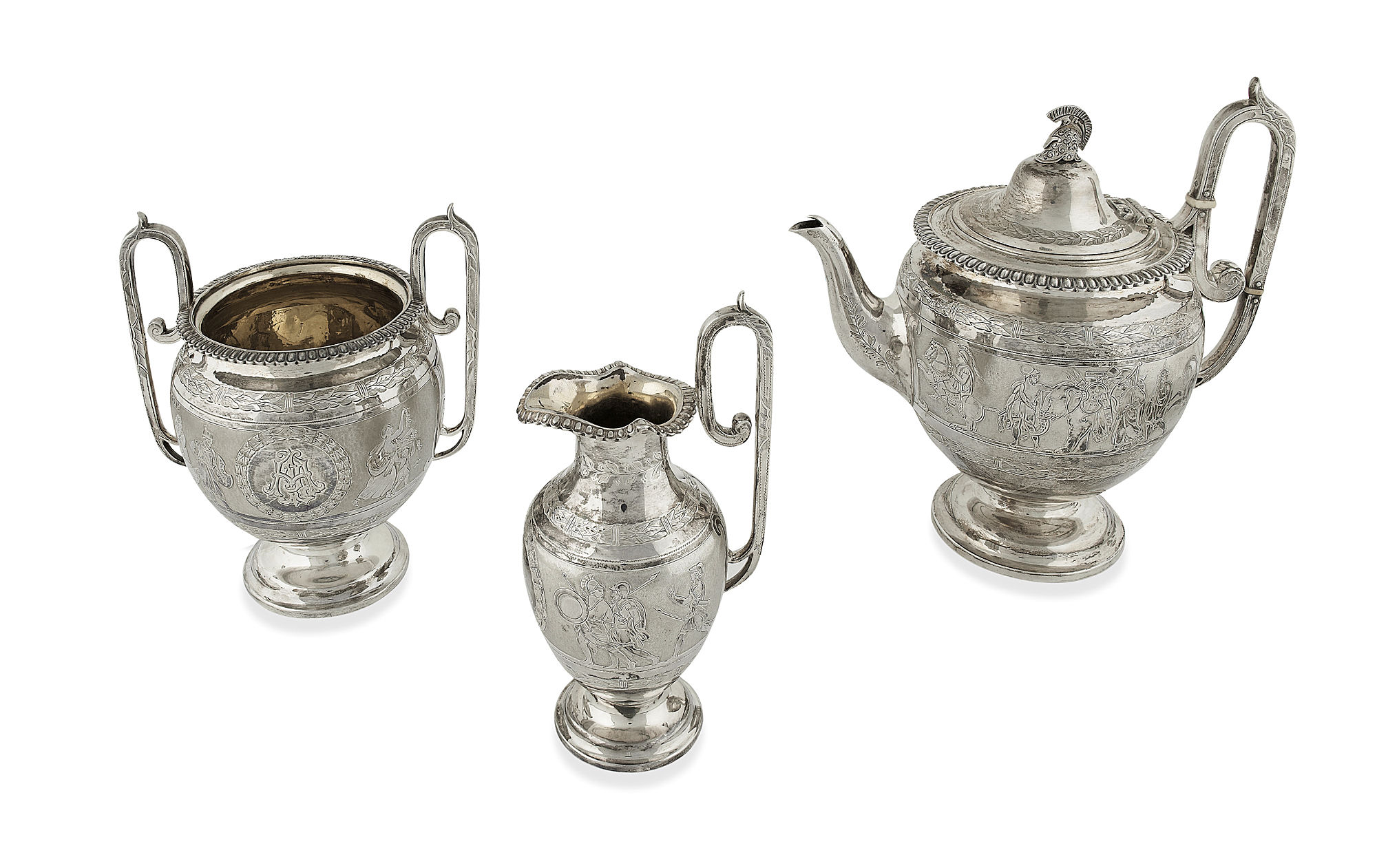 A fine Victorian Grecian revival three piece tea set