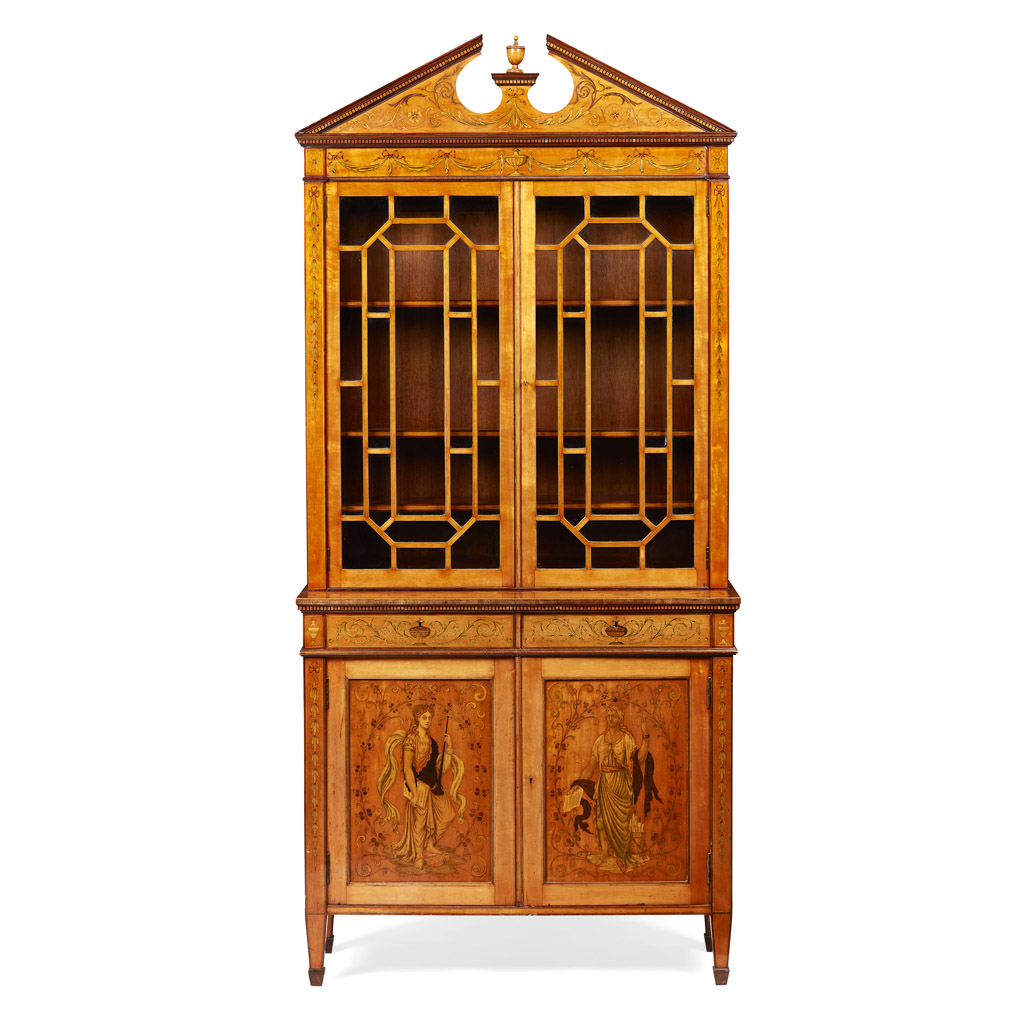 LATE VICTORIAN SHERATON REVIVAL SATINWOOD CABINET BOOKCASE