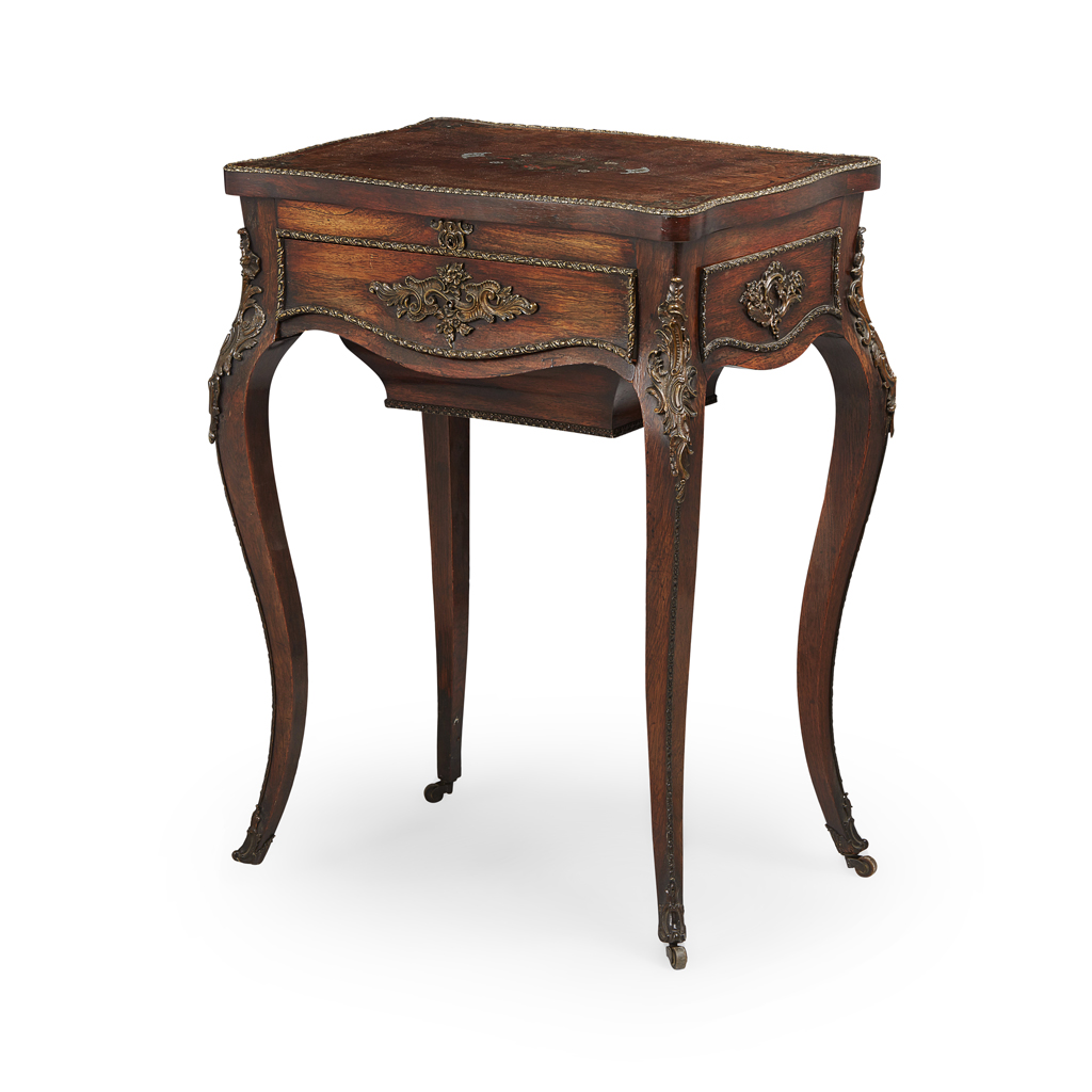 FRENCH ROSEWOOD BRASS AND PEWTER MARQUETRY DRESSING TABLE