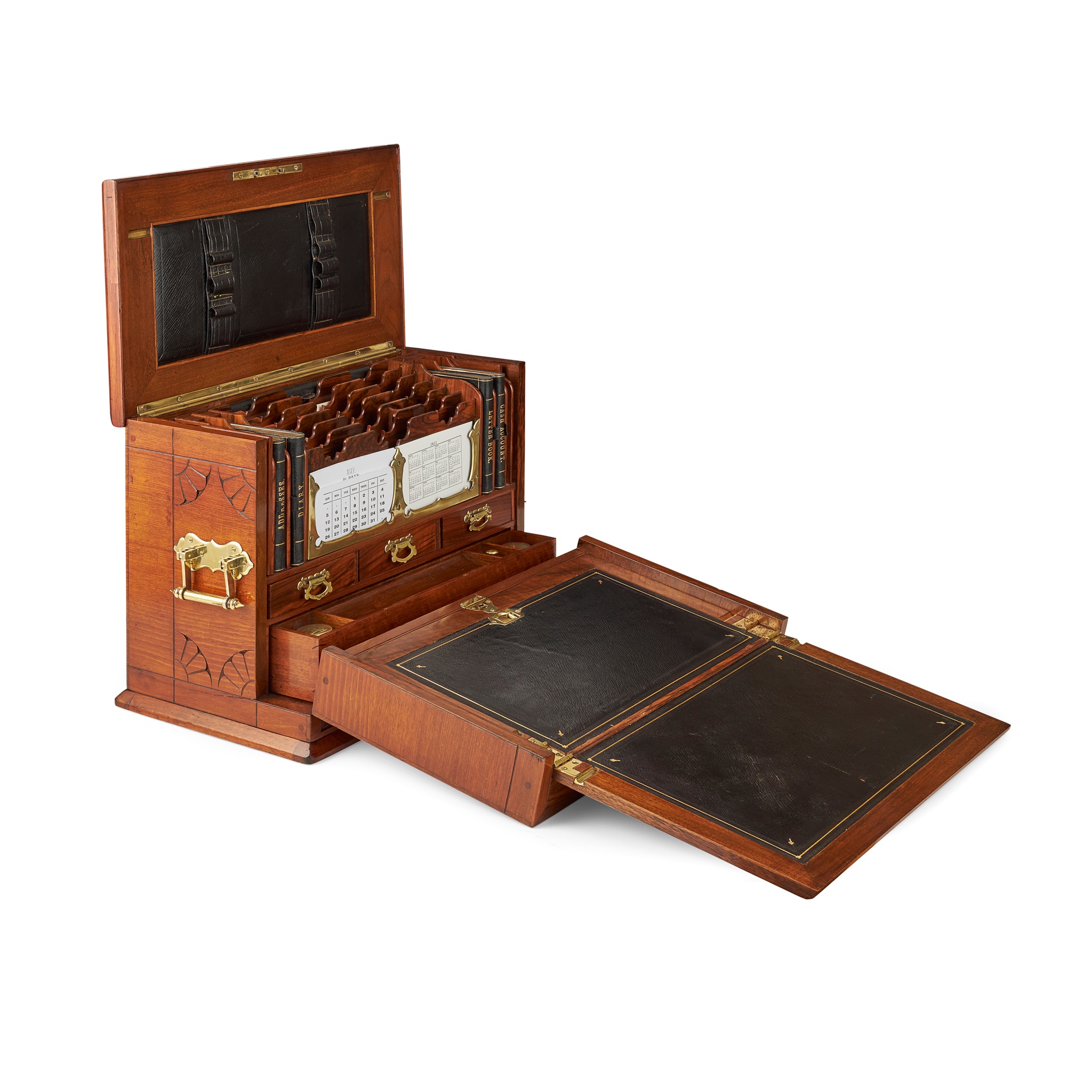 AESTHETIC PERIOD CARVED MAHOGANY AND BRASS MOUNTED STATIONERY CABINET, THORNHILL, LONDON