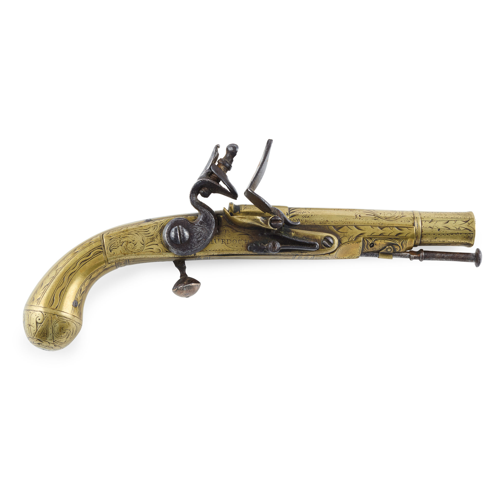 A MID-18TH CENTURY FLINTLOCK LOBE BUTT ALL BRASS BELT PISTOL