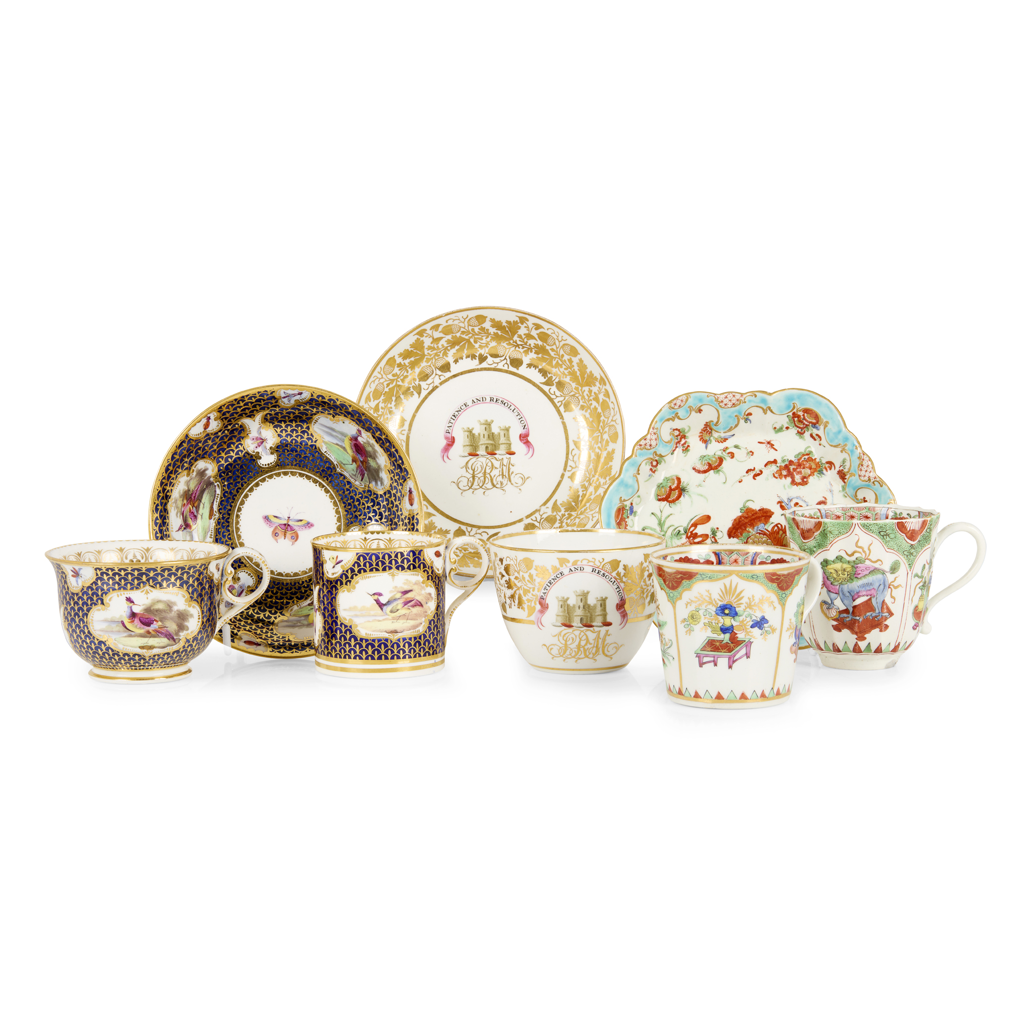 CHAMBERLAINS WORCESTER ARMORIAL CUP AND SAUCER AND A BARR FLIGHT AND BARR CUP AND SAUCER