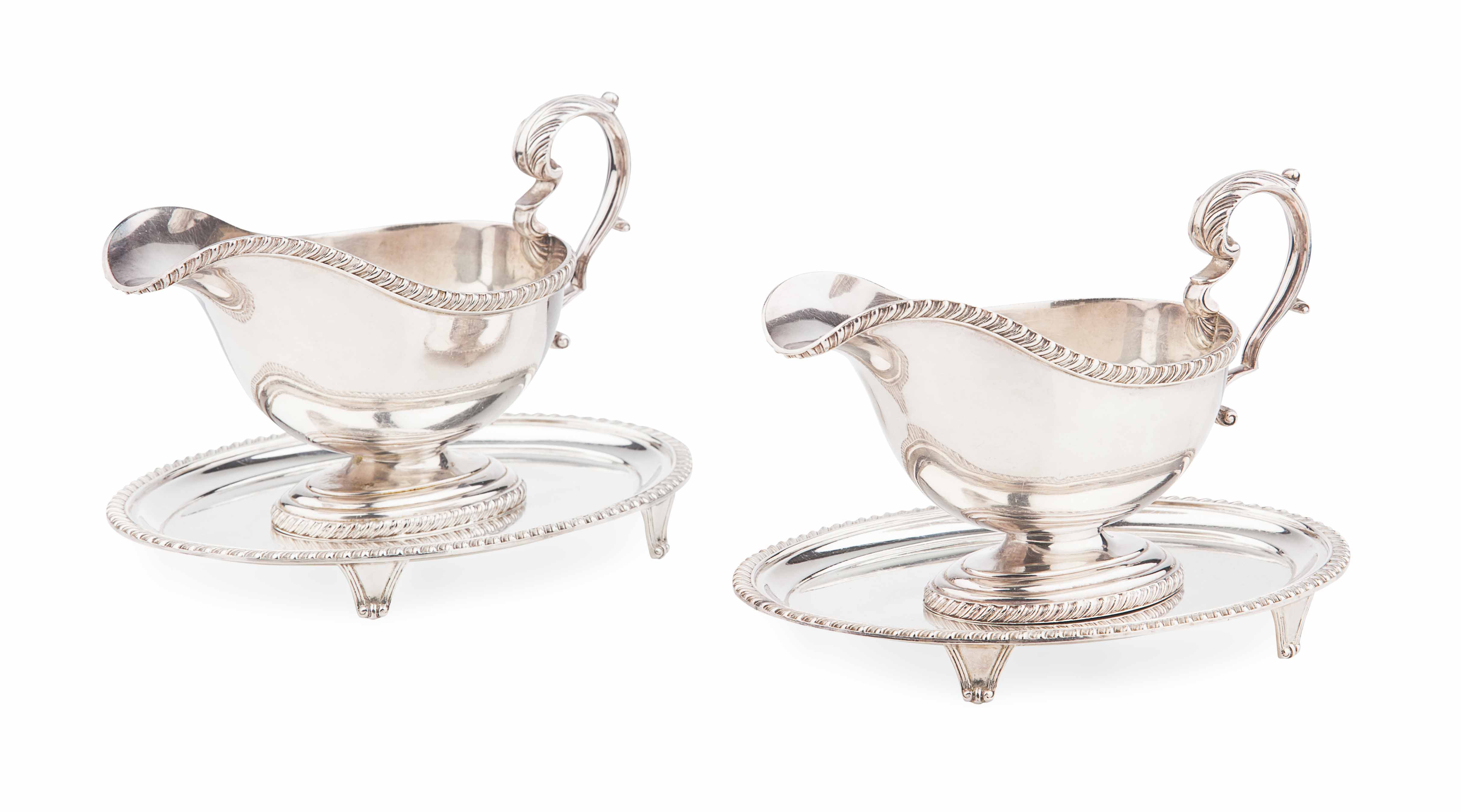 PAIR OF NEO-CLASSICAL SAUCE BOATS AND ASSOCIATED STANDS