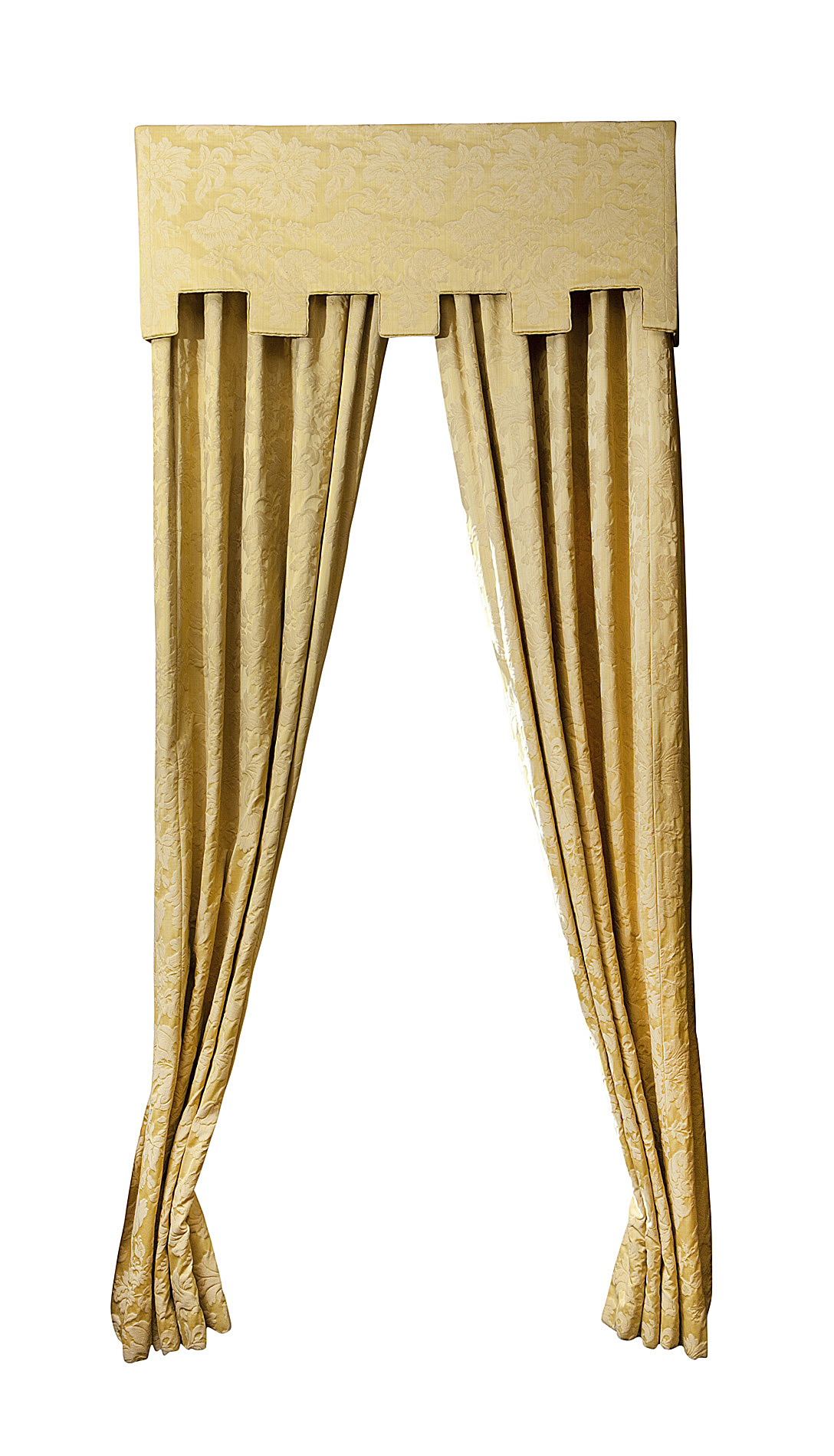 FOUR PAIRS OF YELLOW SILK LINED CURTAINS AND PELMETS