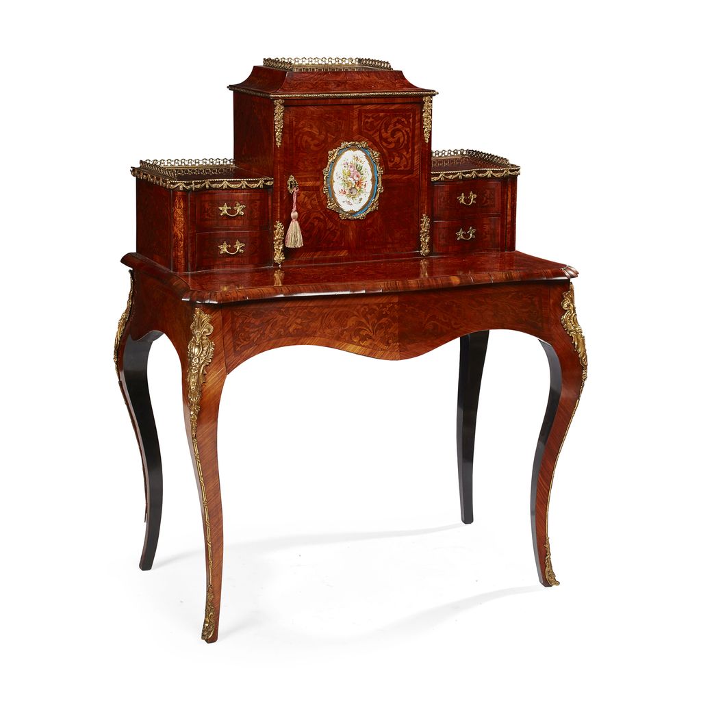 FRENCH KINGWOOD, AMARANTH, MARQUETRY AND PORCELAIN MOUNTED BONHEUR DU JOUR