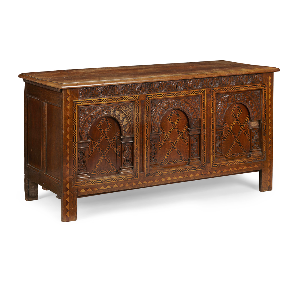 CHARLES I OAK INLAID PANEL CHEST