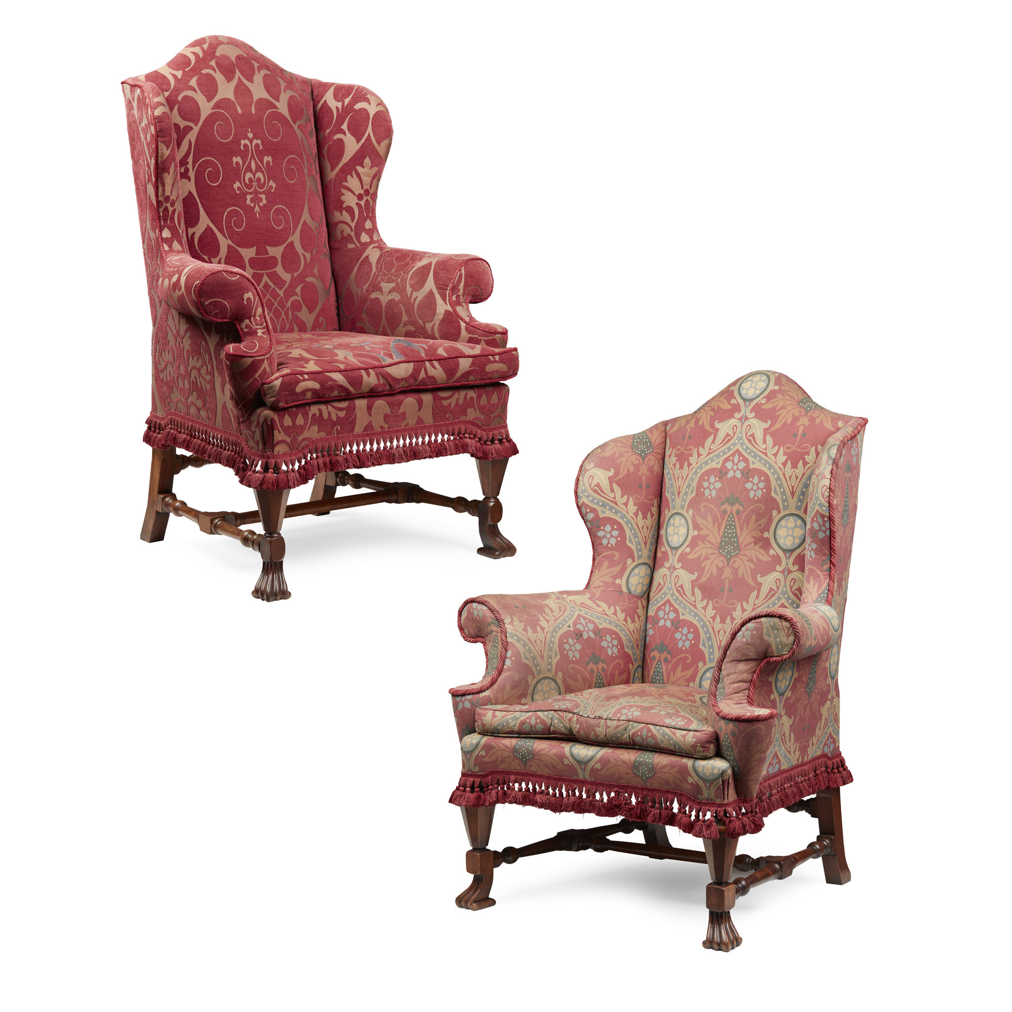 PAIR OF WILLIAM AND MARY STYLE WINGBACK ARMCHAIRS AND FOOTSTOOL