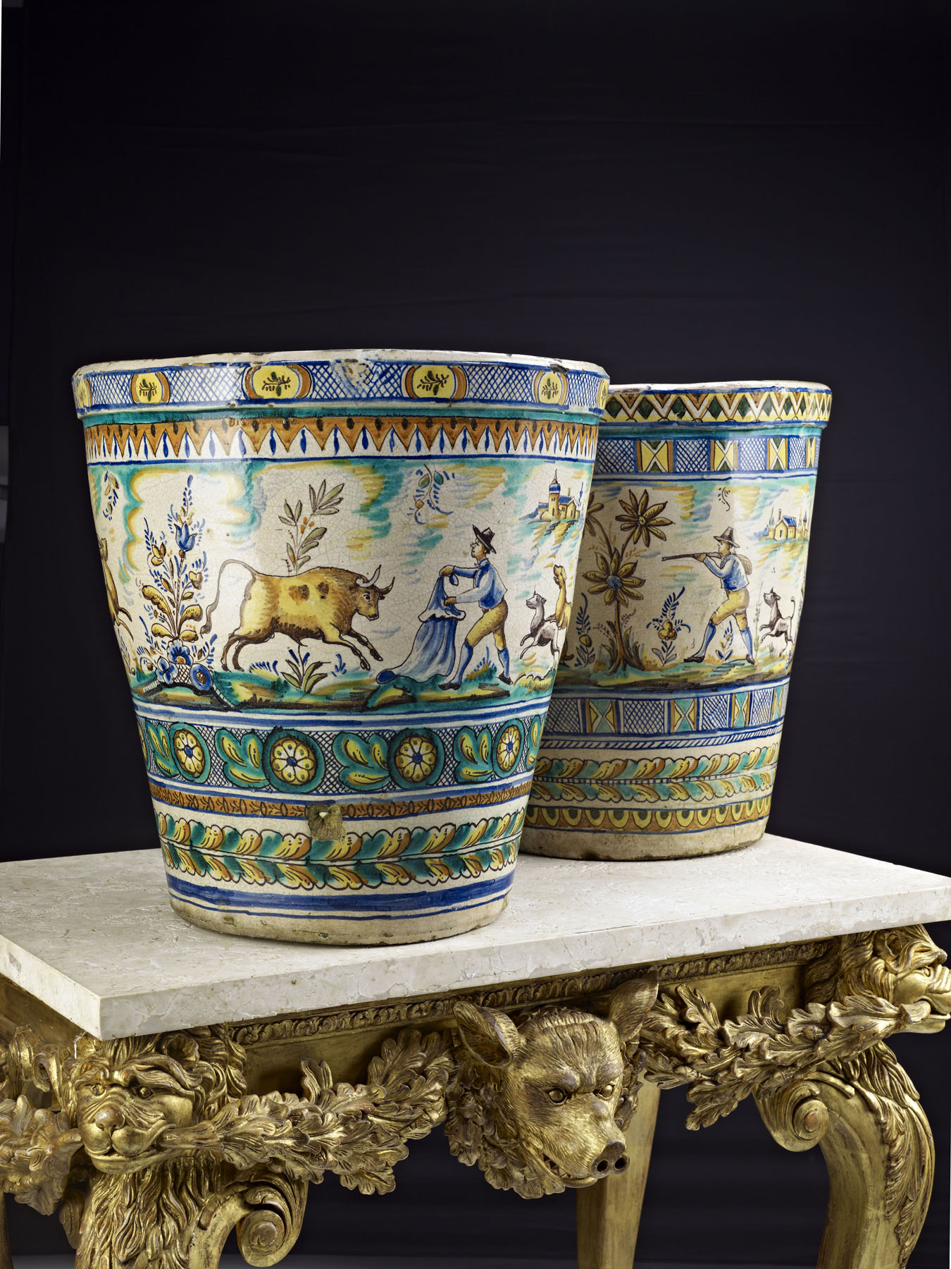 NEAR PAIR OF LARGE FAIENCE JARDINIERES