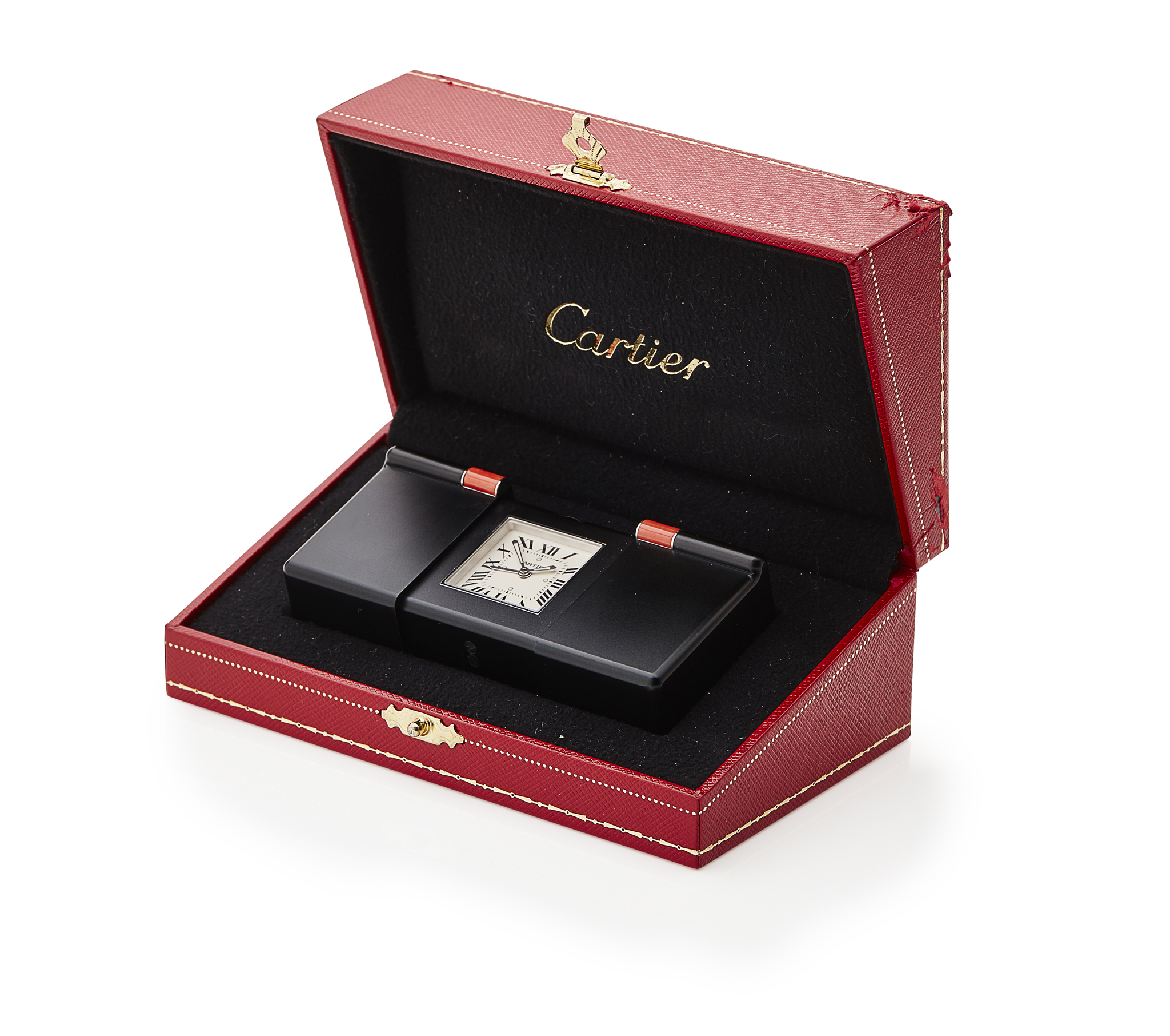 CARTIER - A coral and lacquered travel clock