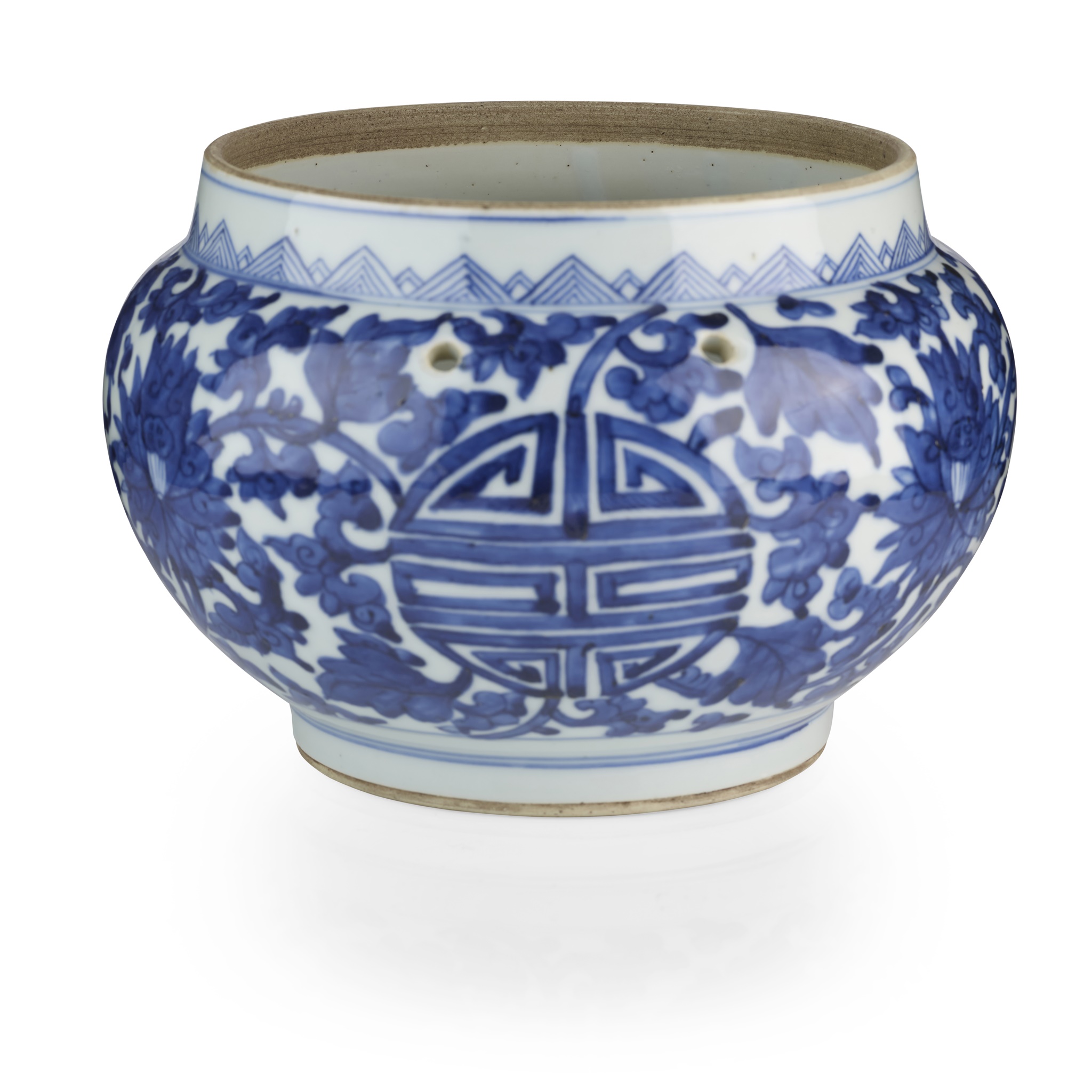 BLUE AND WHITE 'LONGEVITY AND LOTUS' PORRIDGE JAR