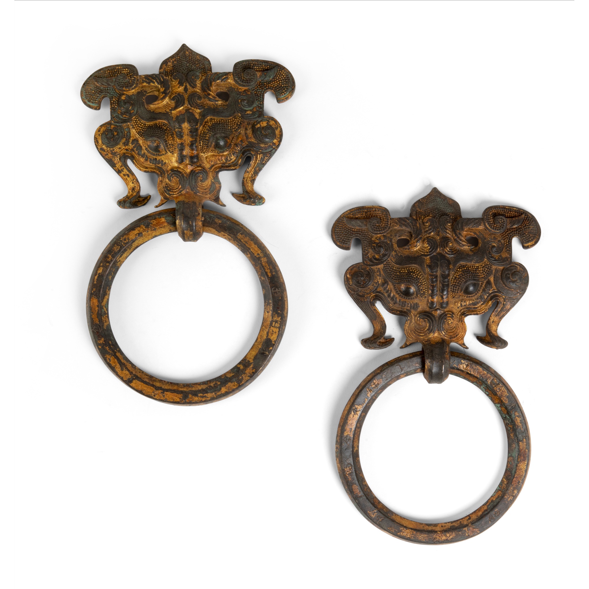 PAIR OF GILT BRONZE TAOTIE-MASK HANDLES