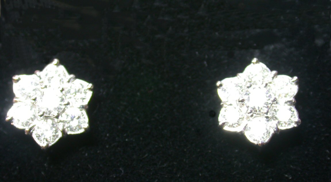 A pair of 18ct white gold mounted diamond floral cluster earrings,