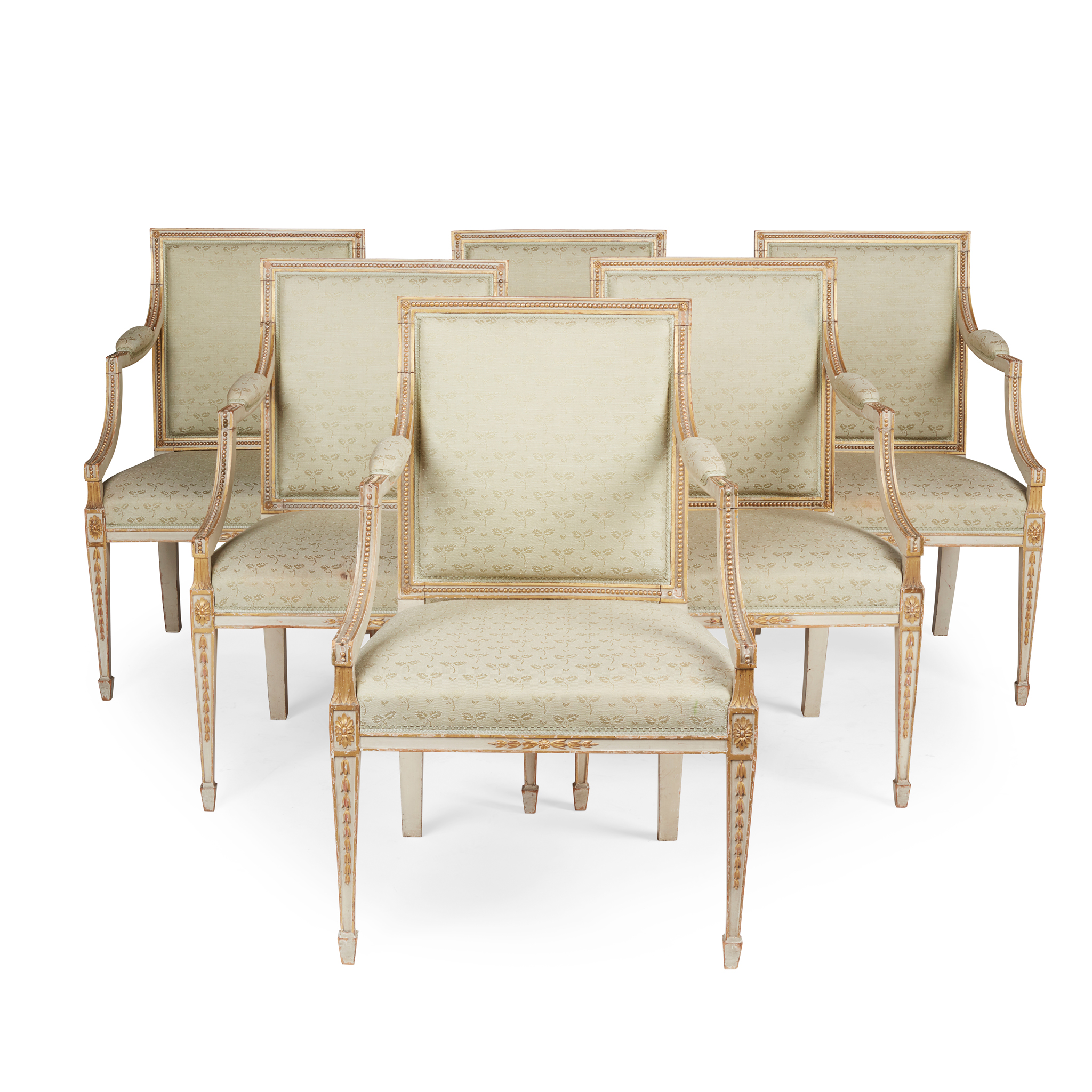 A SET OF SIX LOUIS XVI STYLE PAINTED FAUTEILS
