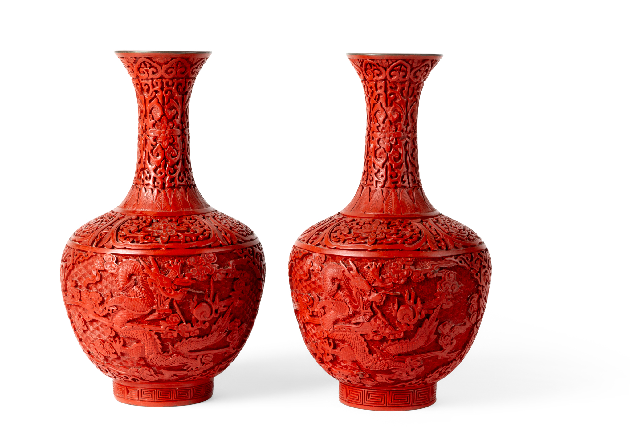 PAIR OF CHINESE CINNABAR LACQUER BOTTLE VASES
