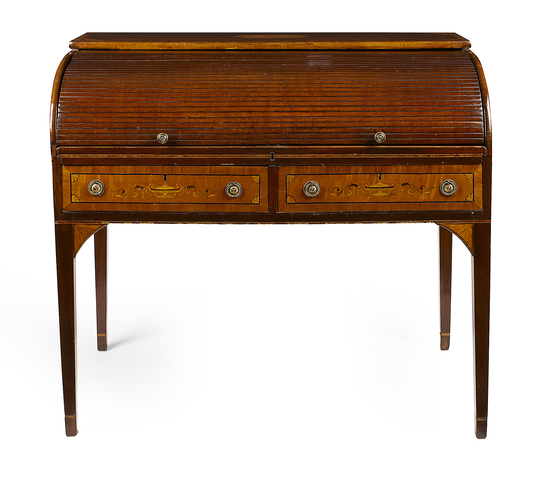 GEORGE III MAHOGANY, SATINWOOD AND INLAID CYLINDER DESK