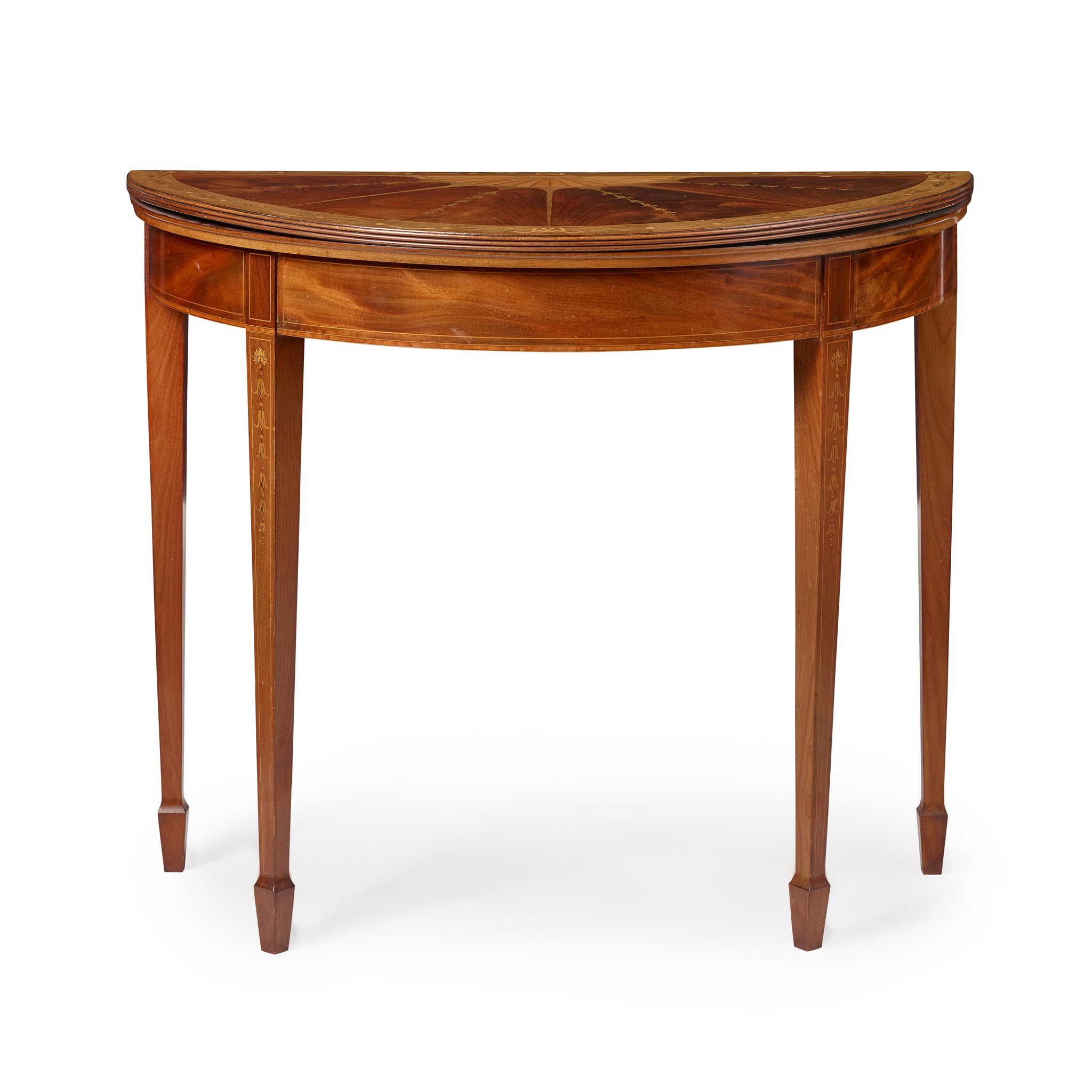 GEORGIAN STYLE MAHOGANY AND MARQUETRY DEMILUNE CARD TABLE