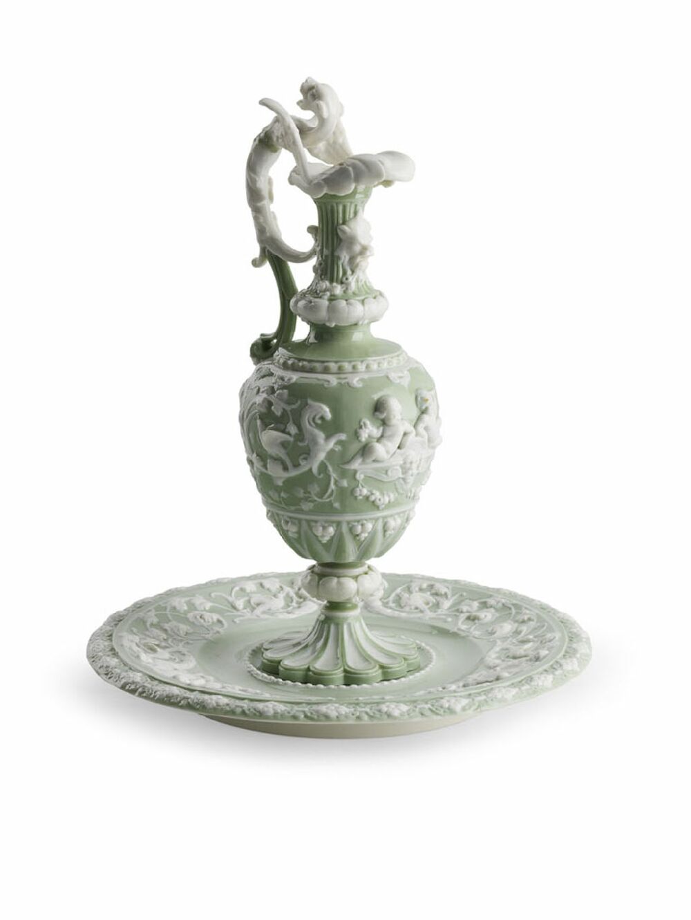 A 19th century Minton pale green and cream porcelain ewer and stand