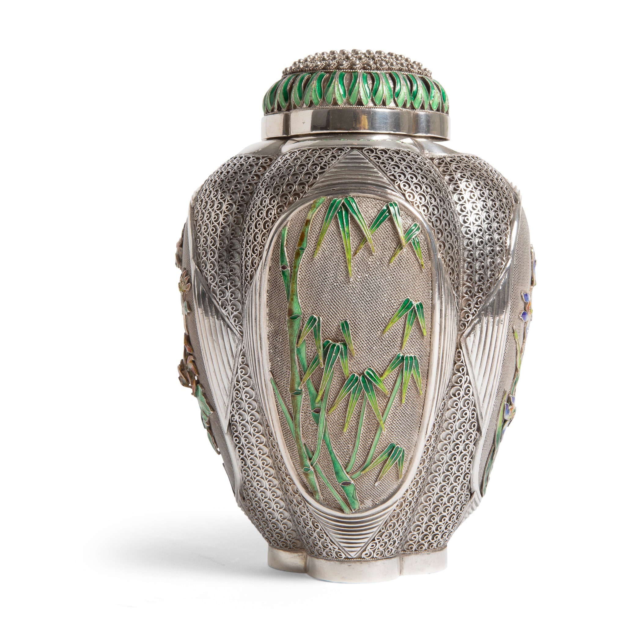 ENAMELLED EXPORT SILVER TEA CADDY