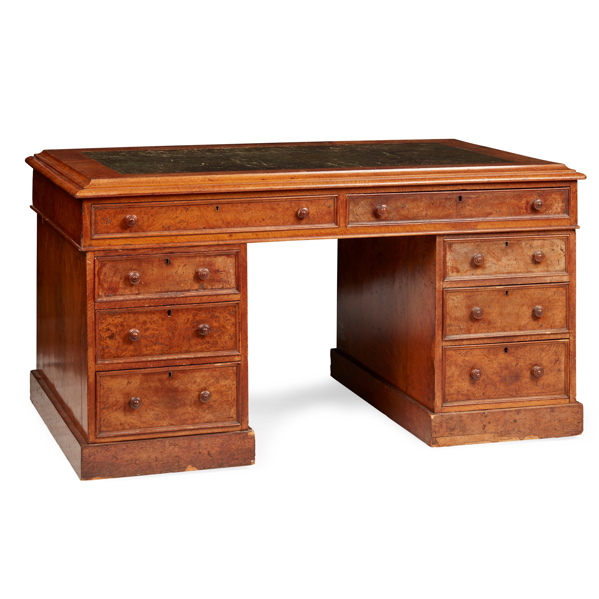 VICTORIAN BURR YEW-WOOD PEDESTAL PARTNER'S DESK