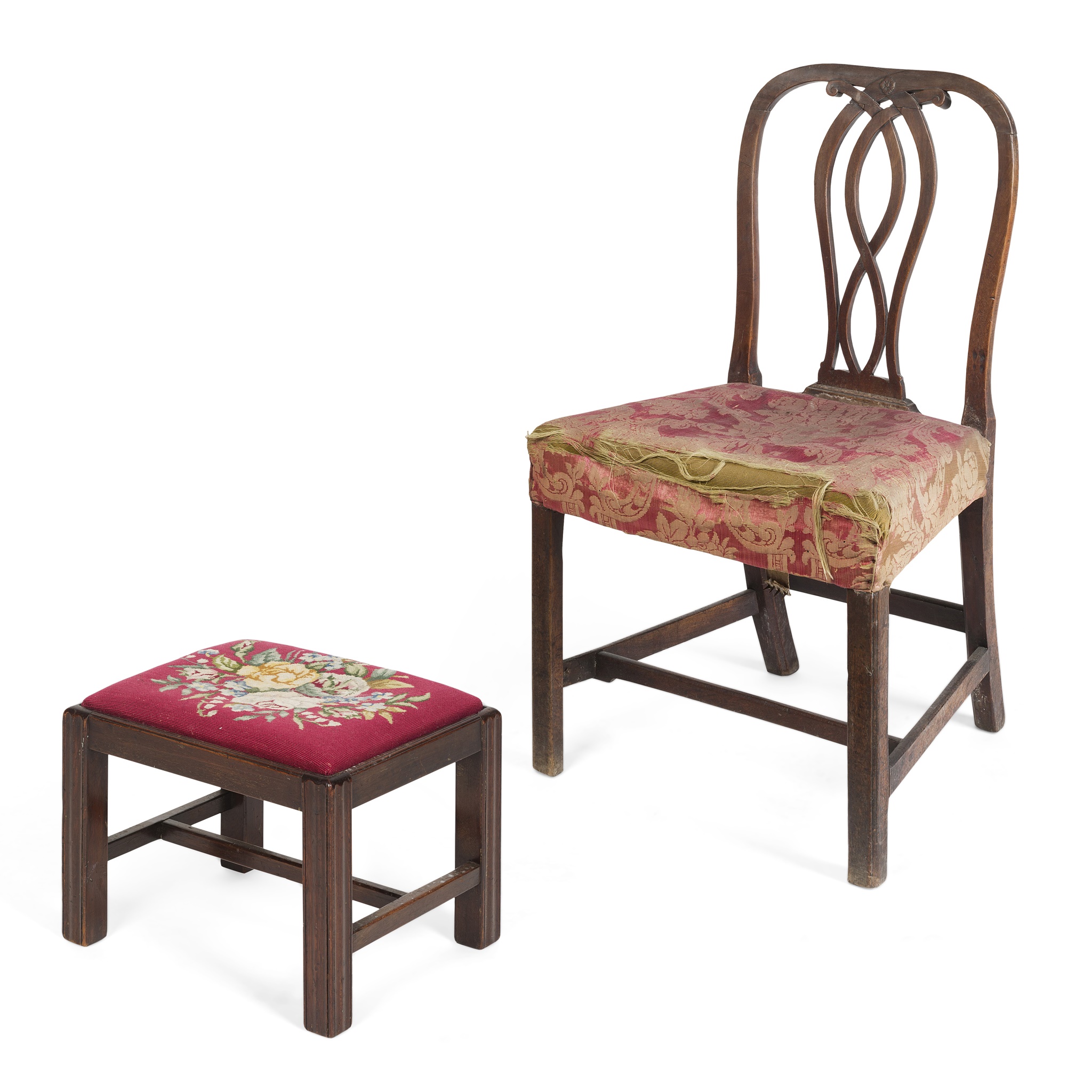 GEORGE III MAHOGANY SIDE CHAIR AND ASSOCIATED FOOTSTOOL