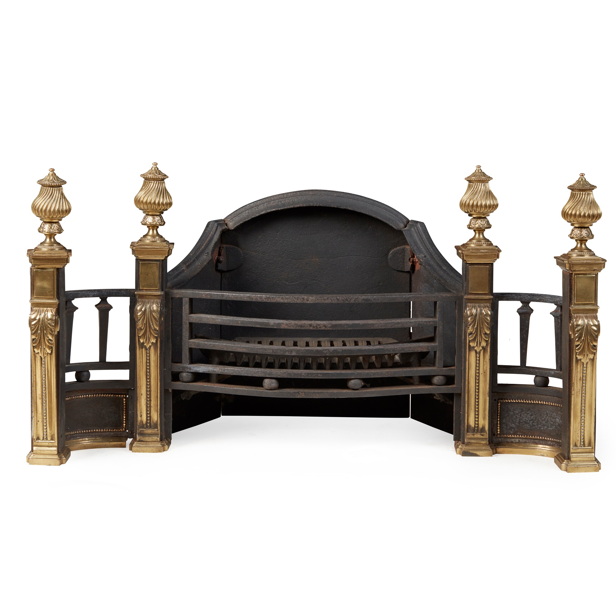 GEORGE II STYLE BRASS AND CAST IRON FIRE GRATE, BY BRATT COLBRAN & CO.