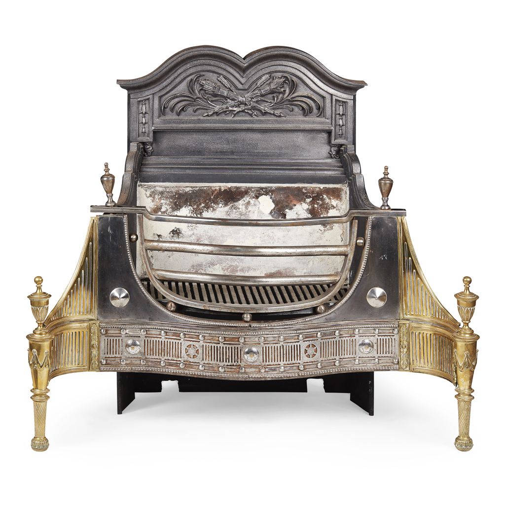 FINE AND LARGE ADAM STYLE CAST IRON, STEEL, AND BRASS FIREGRATE