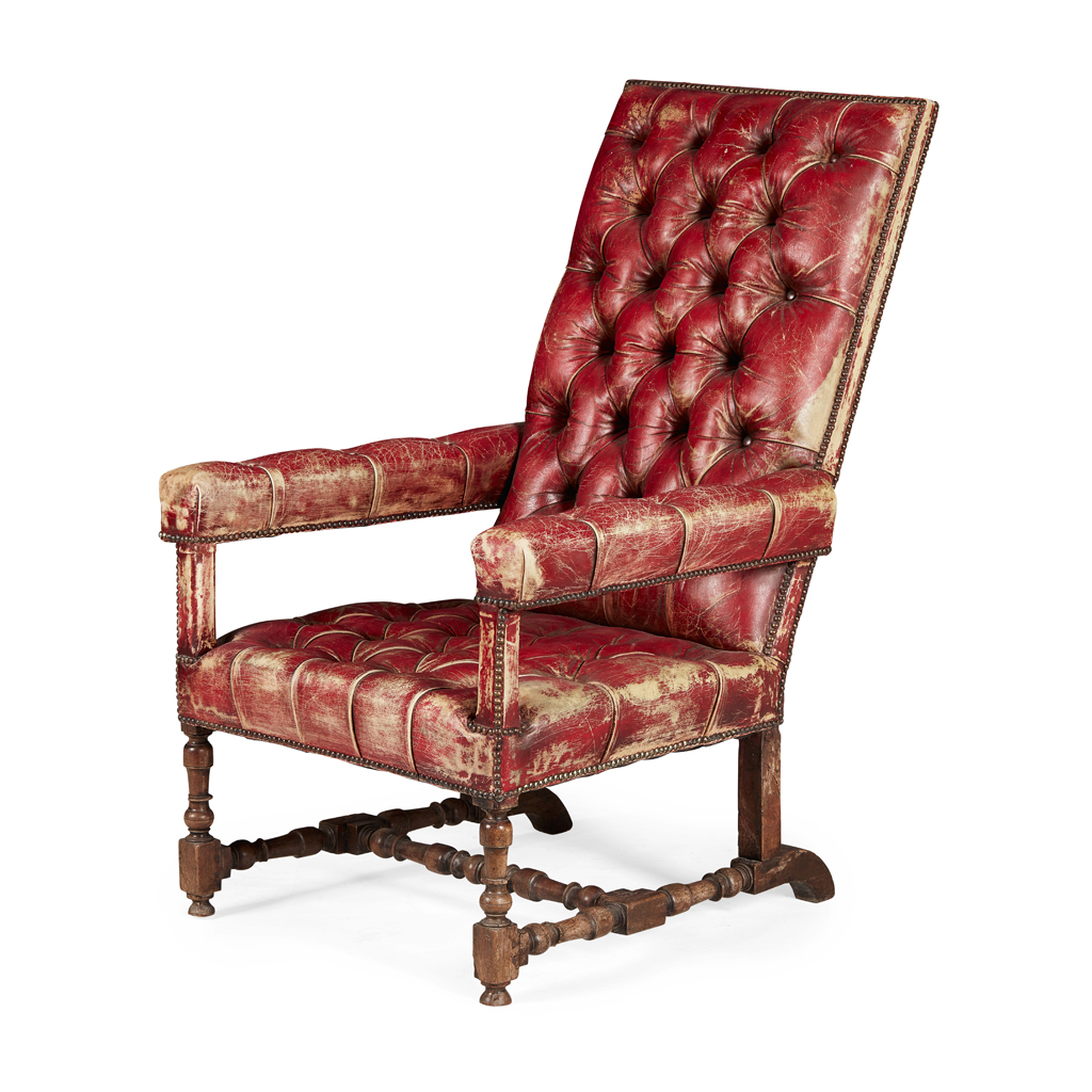 LEATHER UPHOLSTERED WALNUT ARMCHAIR