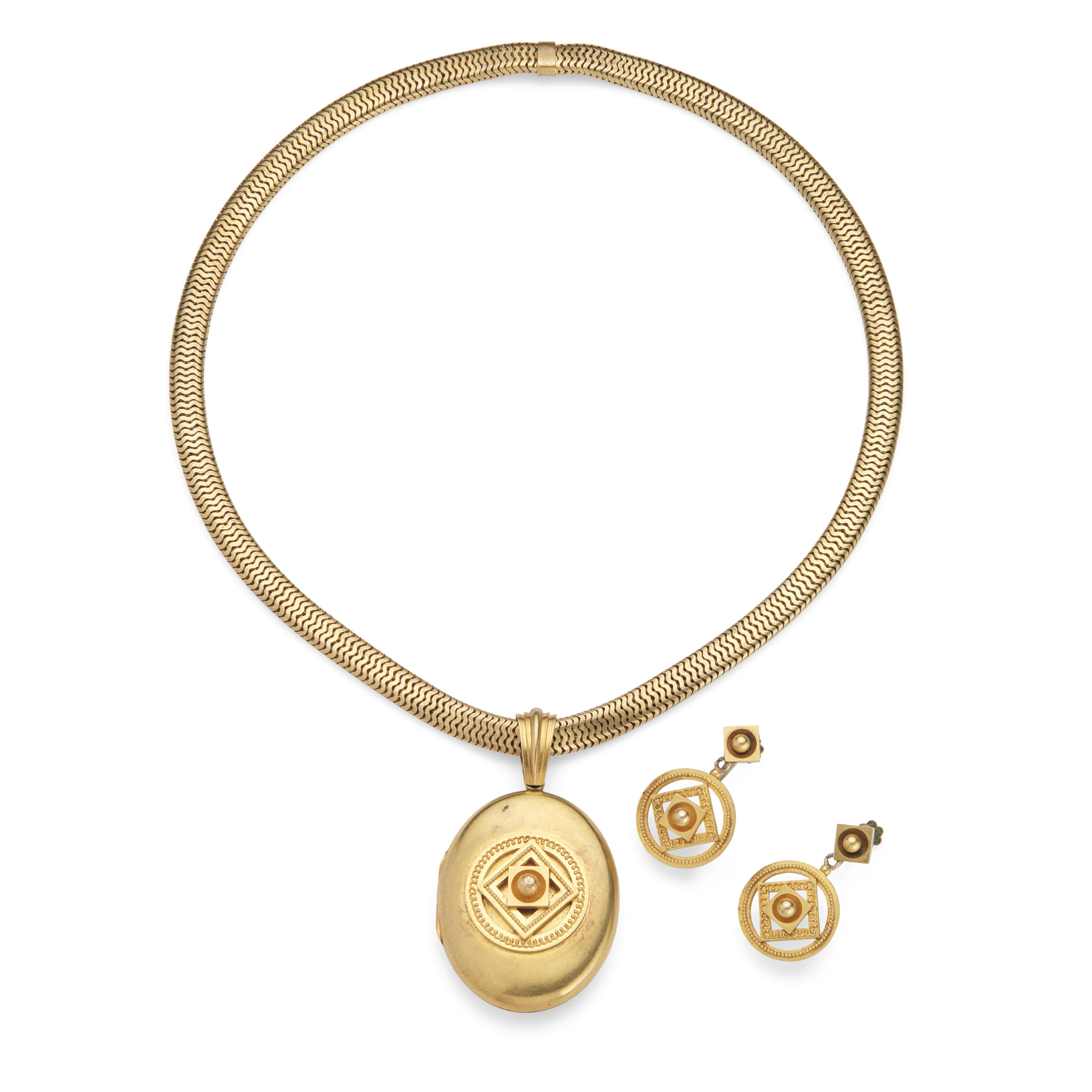 A late 19th century Etruscan Revival locket and matching earrings, circa 1870s