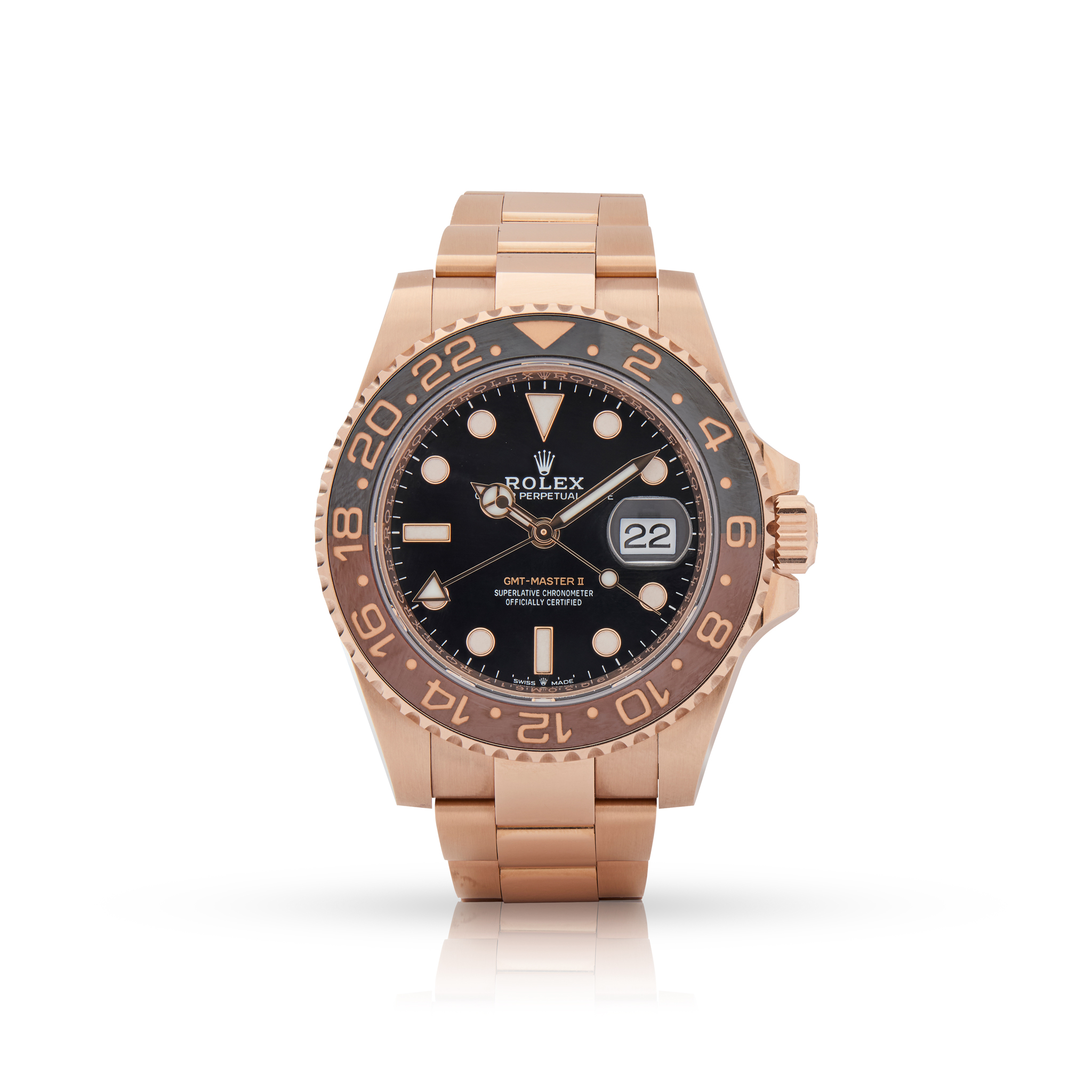 Rolex. A popular 18k rose gold automatic wristwatch with date and 24hr hand