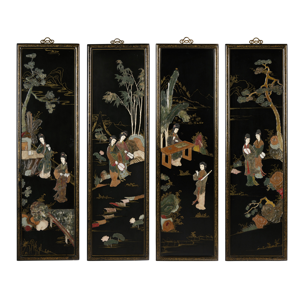 SET OF FOUR HARDWOOD HANGING PANELS WITH HARDSTONE AND IVORY OVERLAY