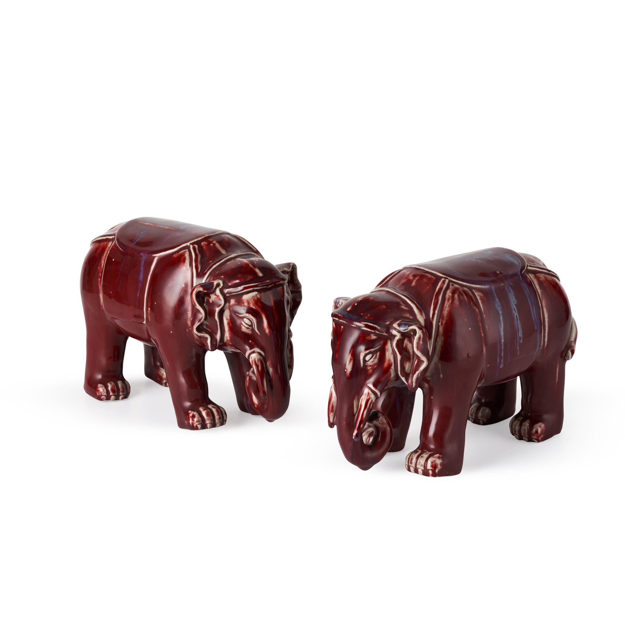PAIR OF FLAMBÉ-GLAZED ELEPHANTS