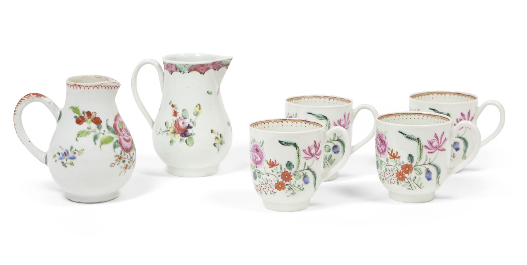 GROUP OF ENGLISH PORCELAIN POLYCHROME TEA WARES
