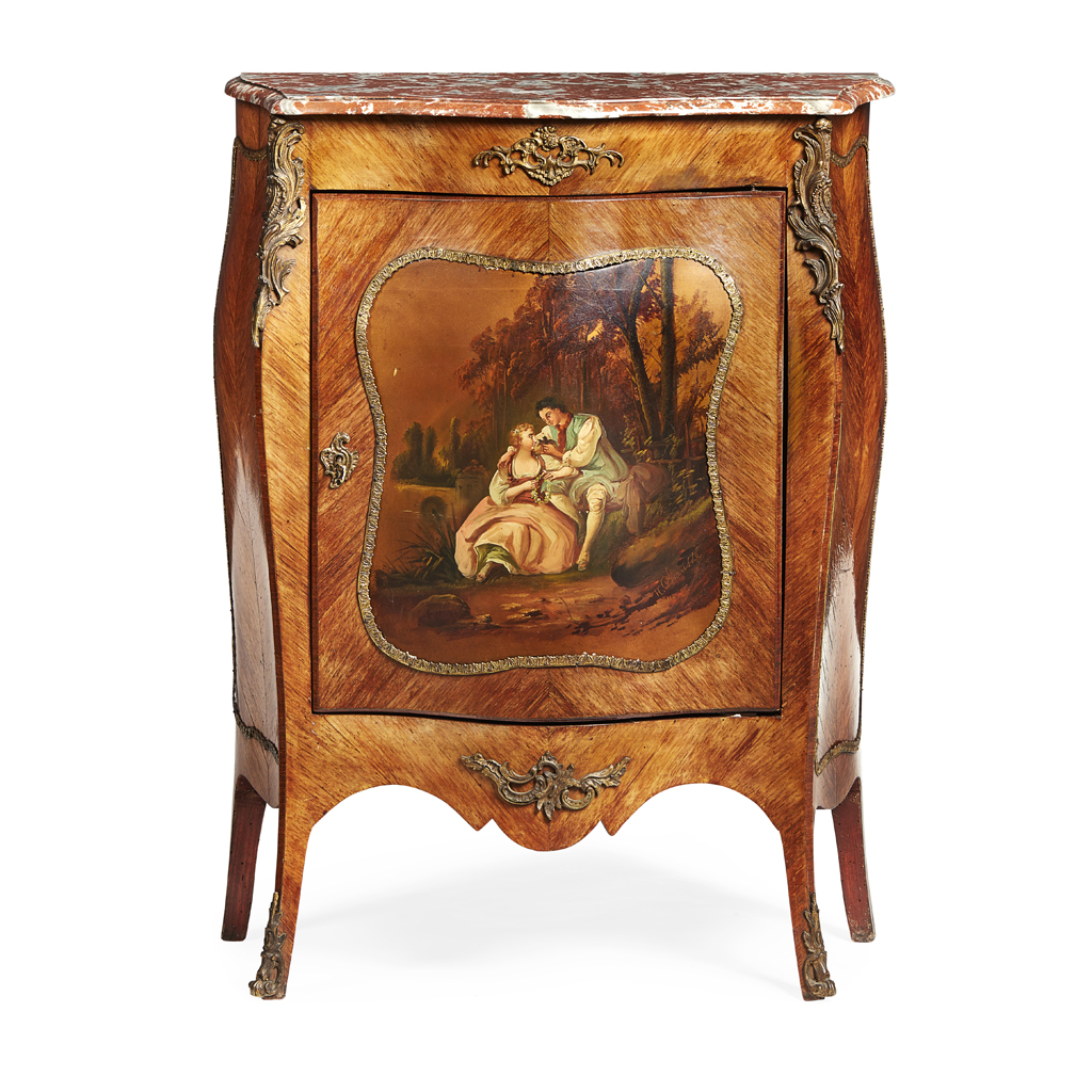 FRENCH KINGWOOD AND VERNIS MARTIN BOMBE SIDE CABINET