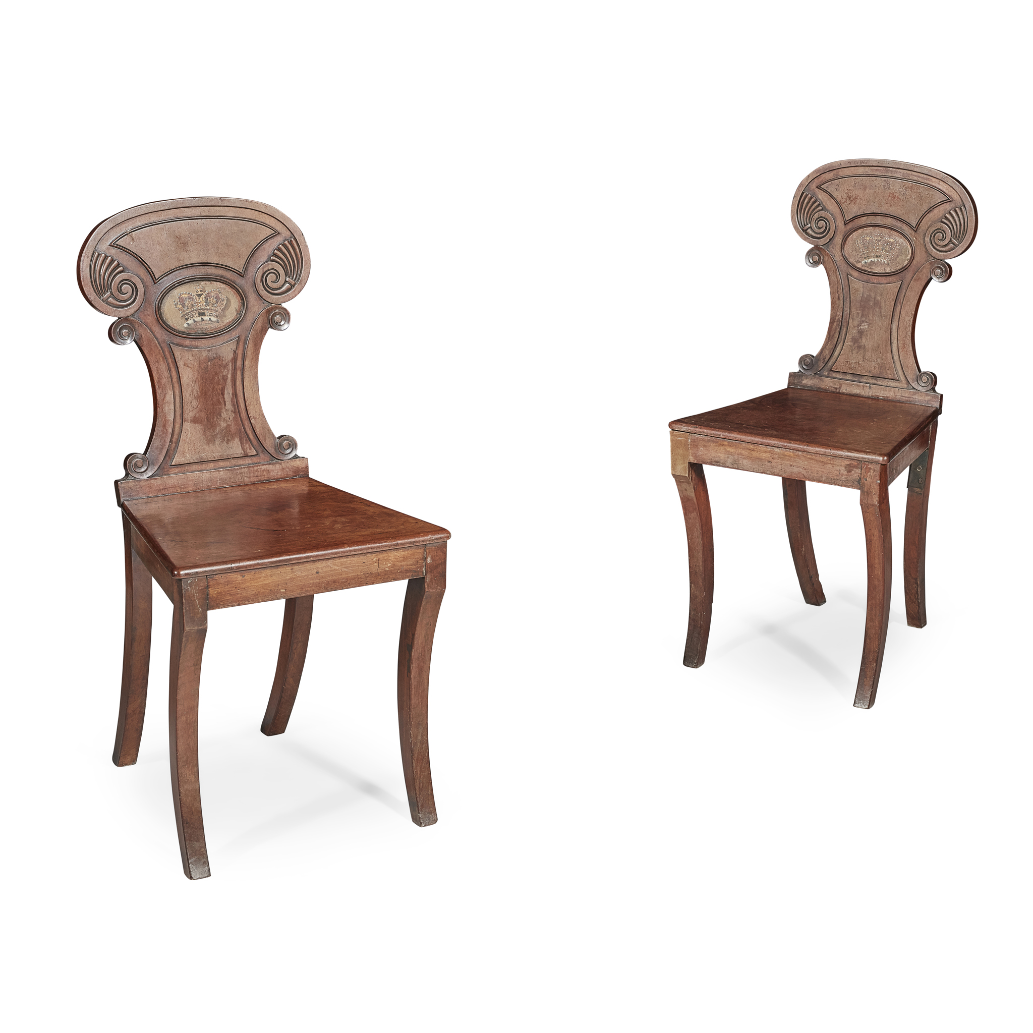 PAIR OF REGENCY MAHOGANY POLYCHROMED HALL CHAIRS