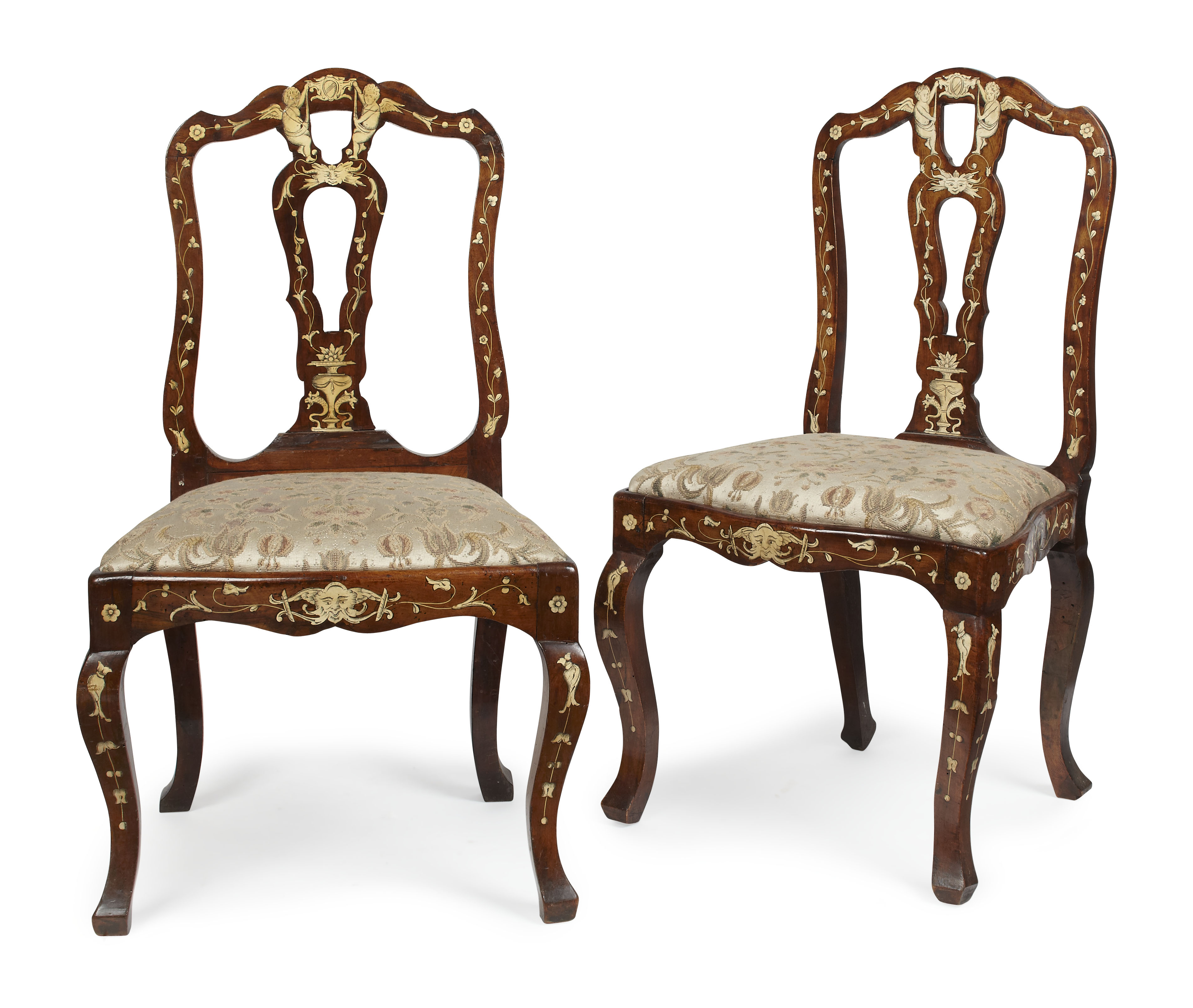 PAIR OF ITALIAN WALNUT AND BONE INLAY SIDE CHAIRS