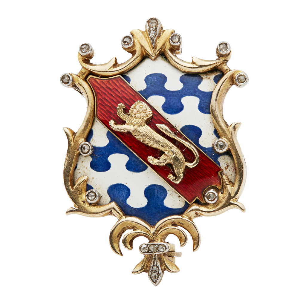 An enamel and diamond set Haberdashers Company brooch