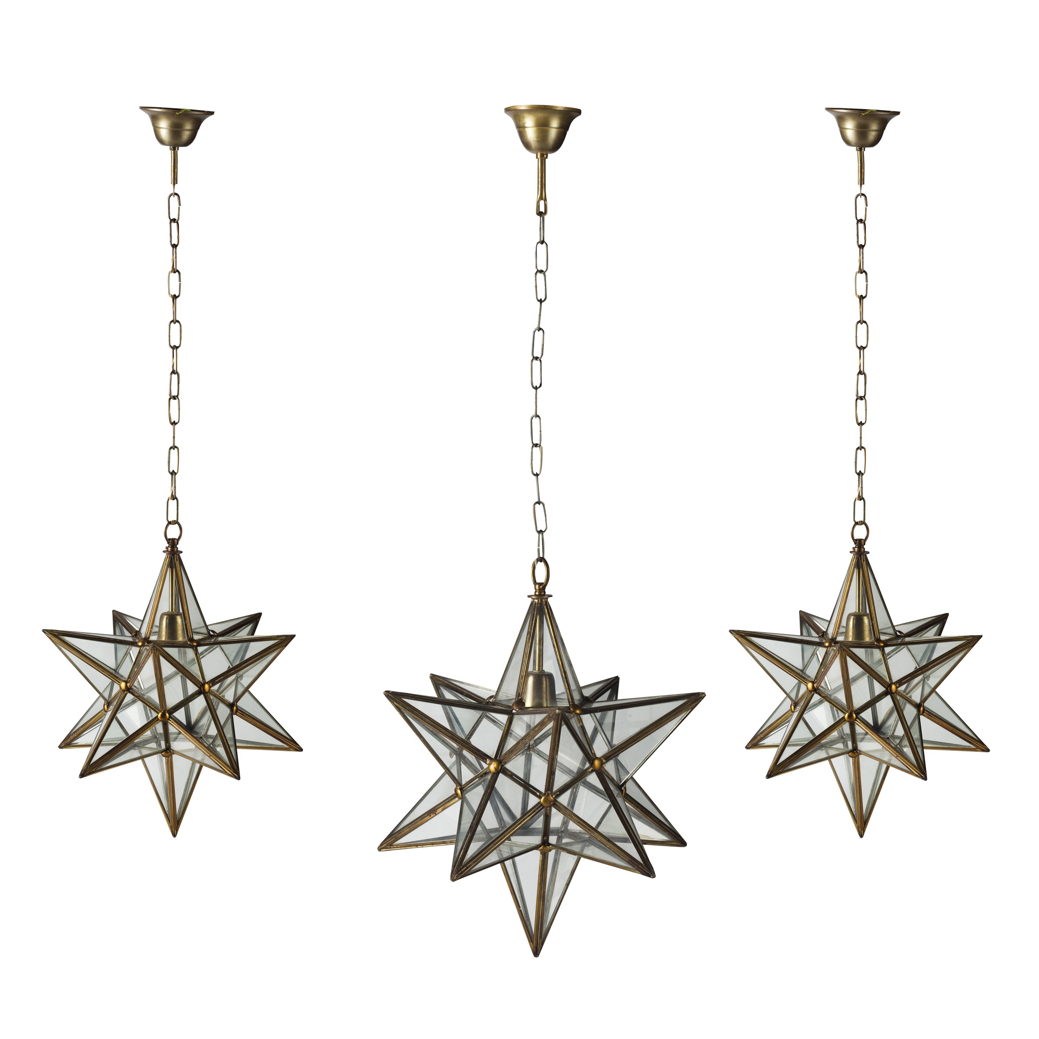 THREE STAR-SHAPED GLASS AND BRASS HANGING LIGHTS