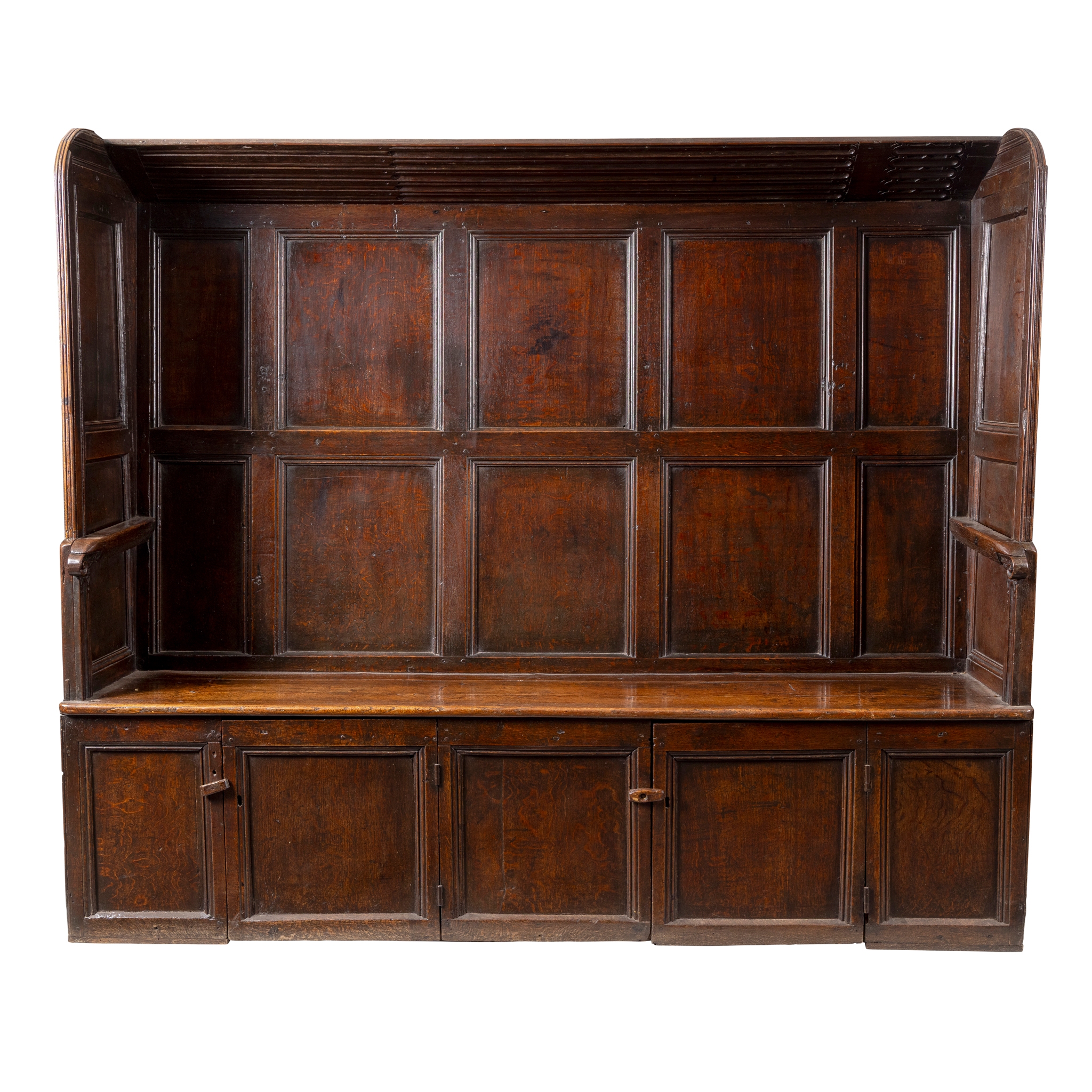 AN OAK HIGH BACK HOODED SETTLE