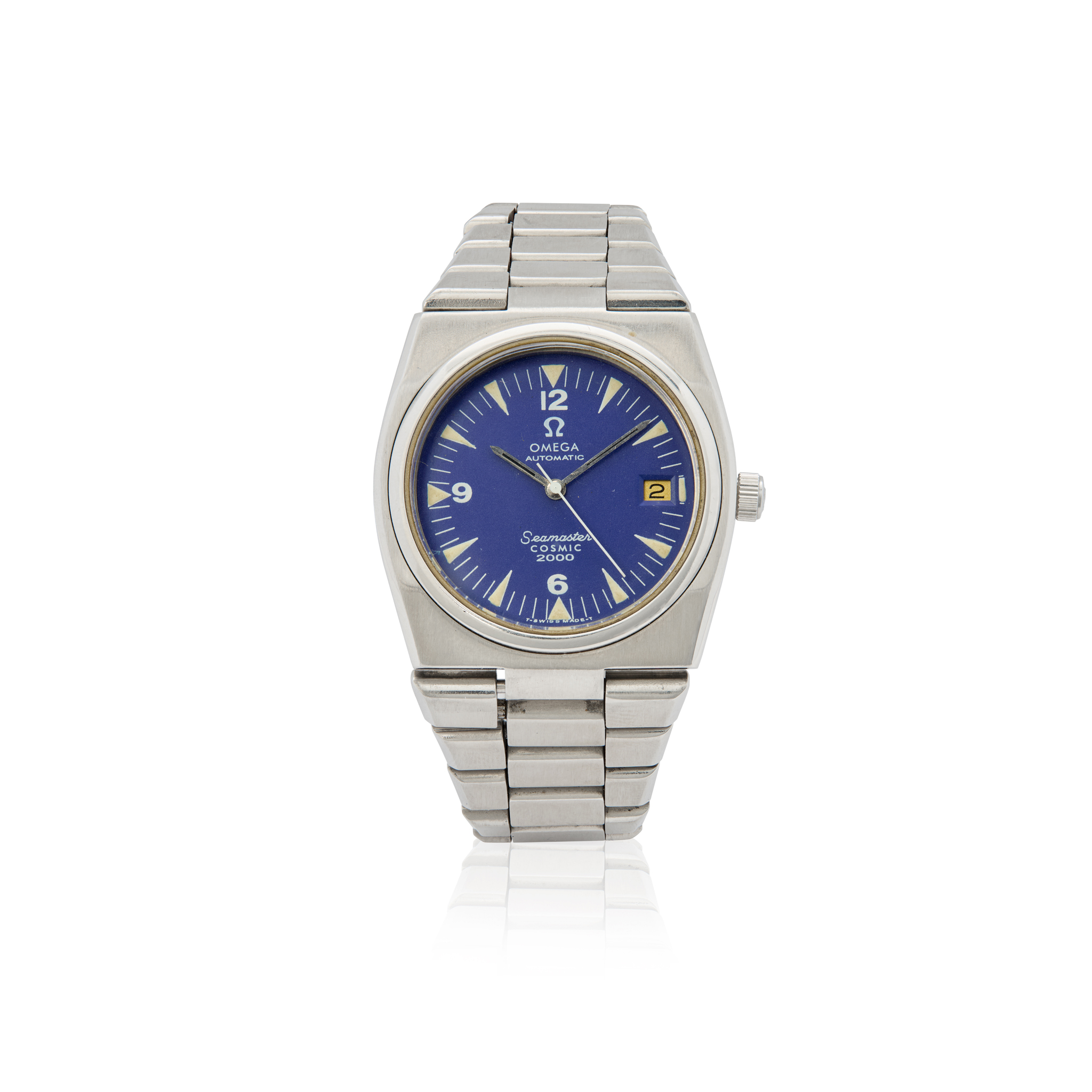 Omega. An unusual stainless steel automatic bracelet watch with blue dial